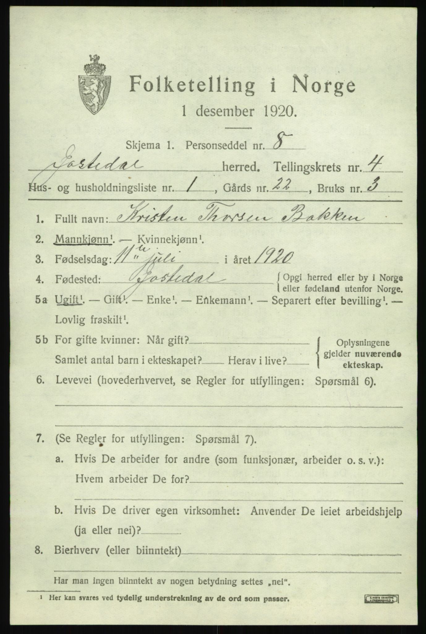 SAB, 1920 census for Jostedal, 1920, p. 1532