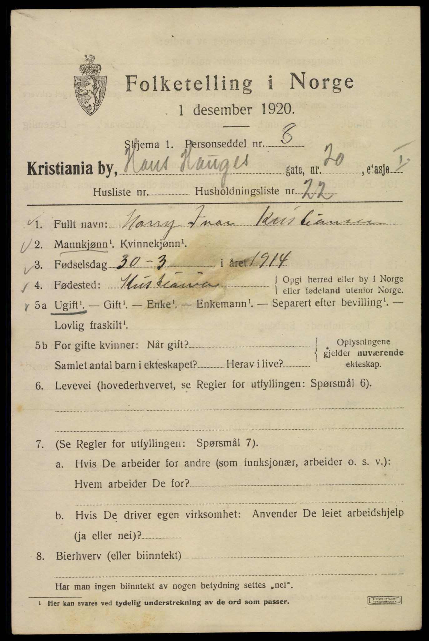 SAO, 1920 census for Kristiania, 1920, p. 269893