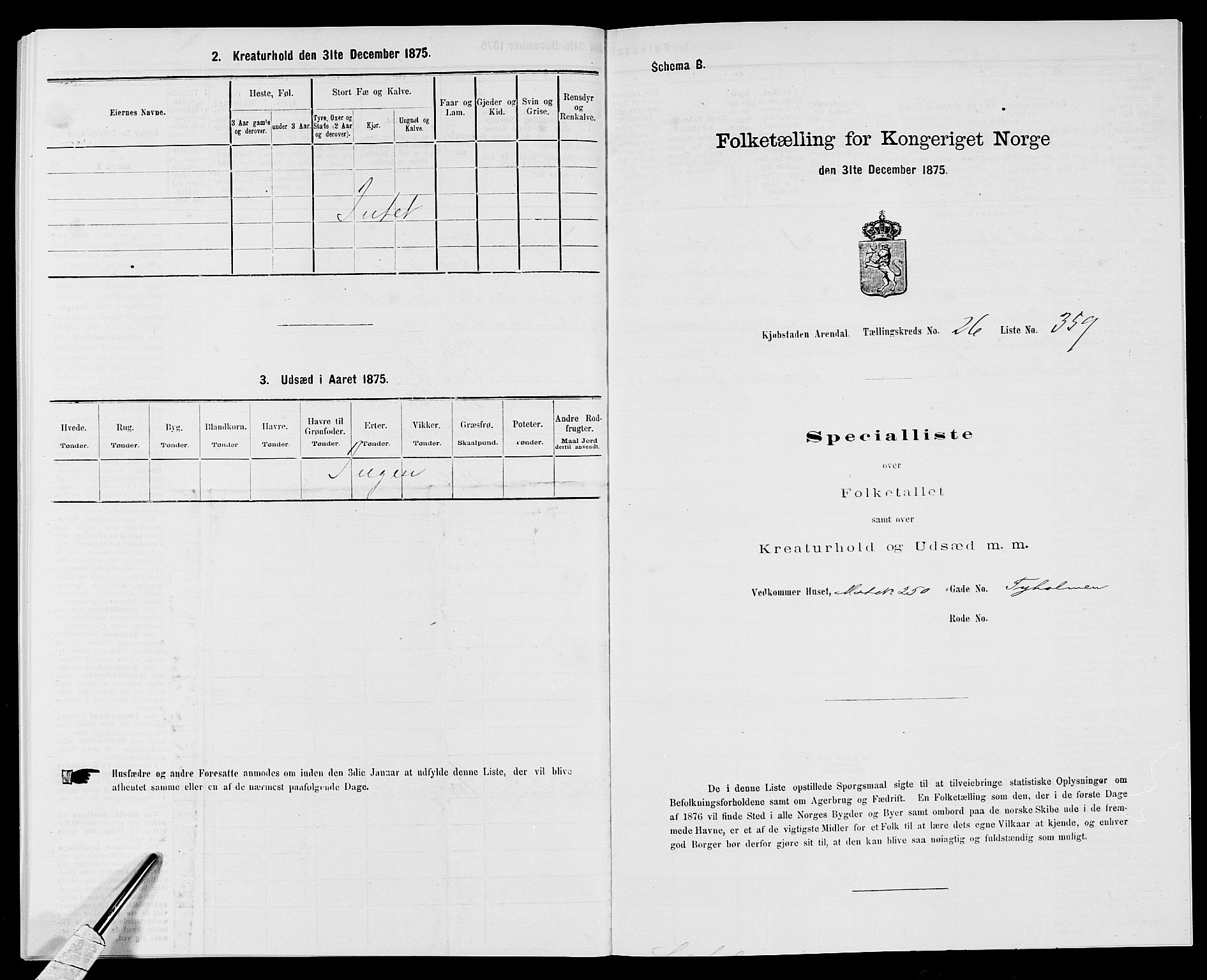 SAK, 1875 census for 0903P Arendal, 1875, p. 825