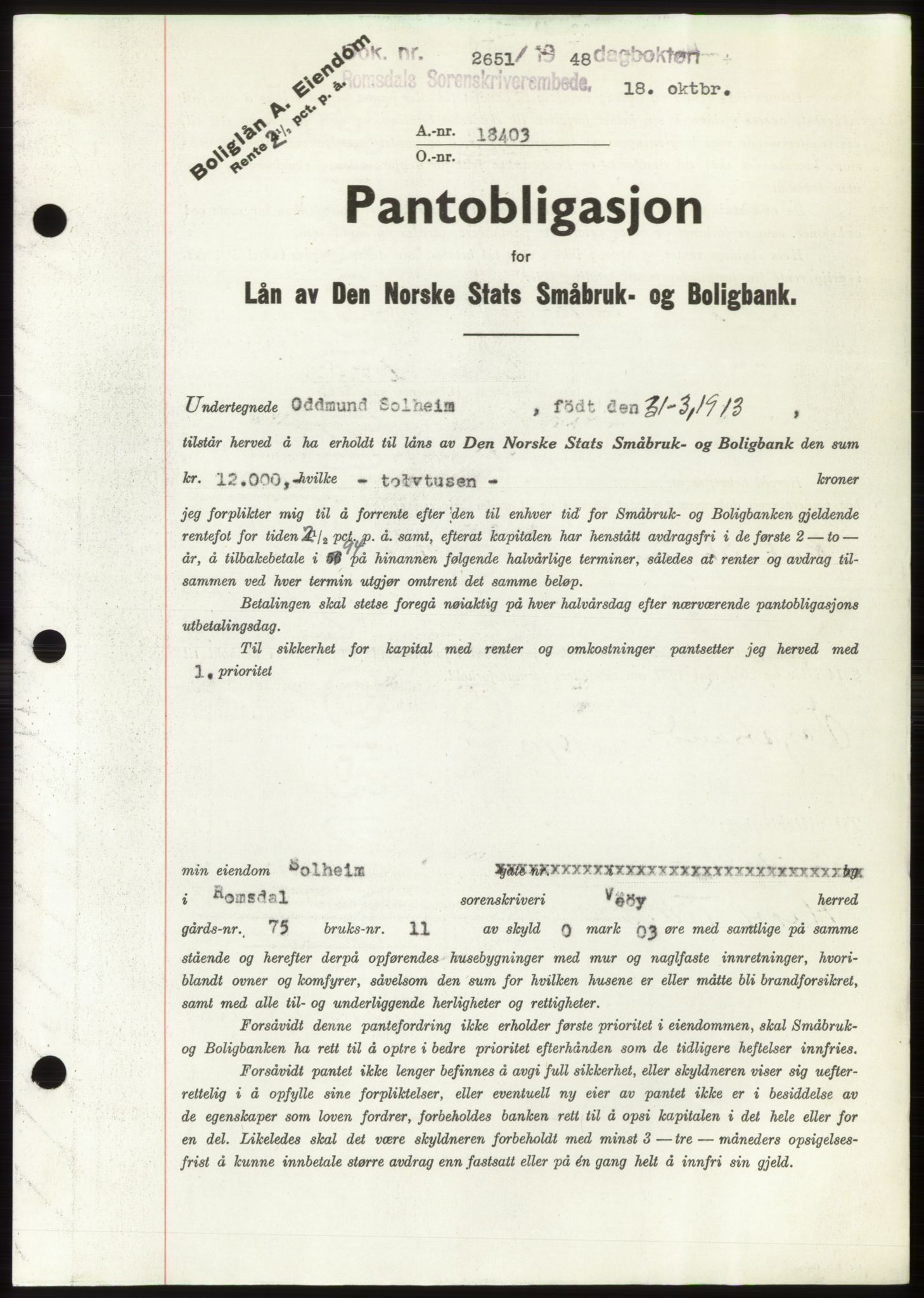 Romsdal sorenskriveri, AV/SAT-A-4149/1/2/2C: Mortgage book no. B4, 1948-1949, Diary no: : 2651/1948