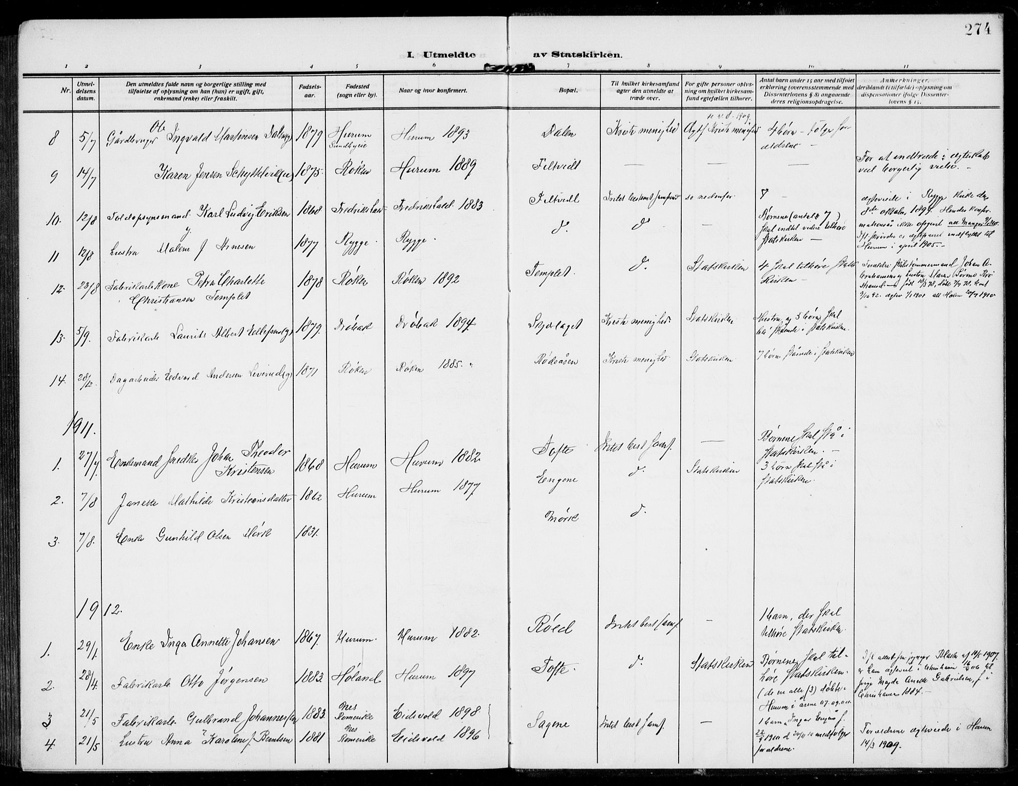 Hurum kirkebøker, AV/SAKO-A-229/F/Fa/L0016: Parish register (official) no. 16, 1899-1918, p. 274