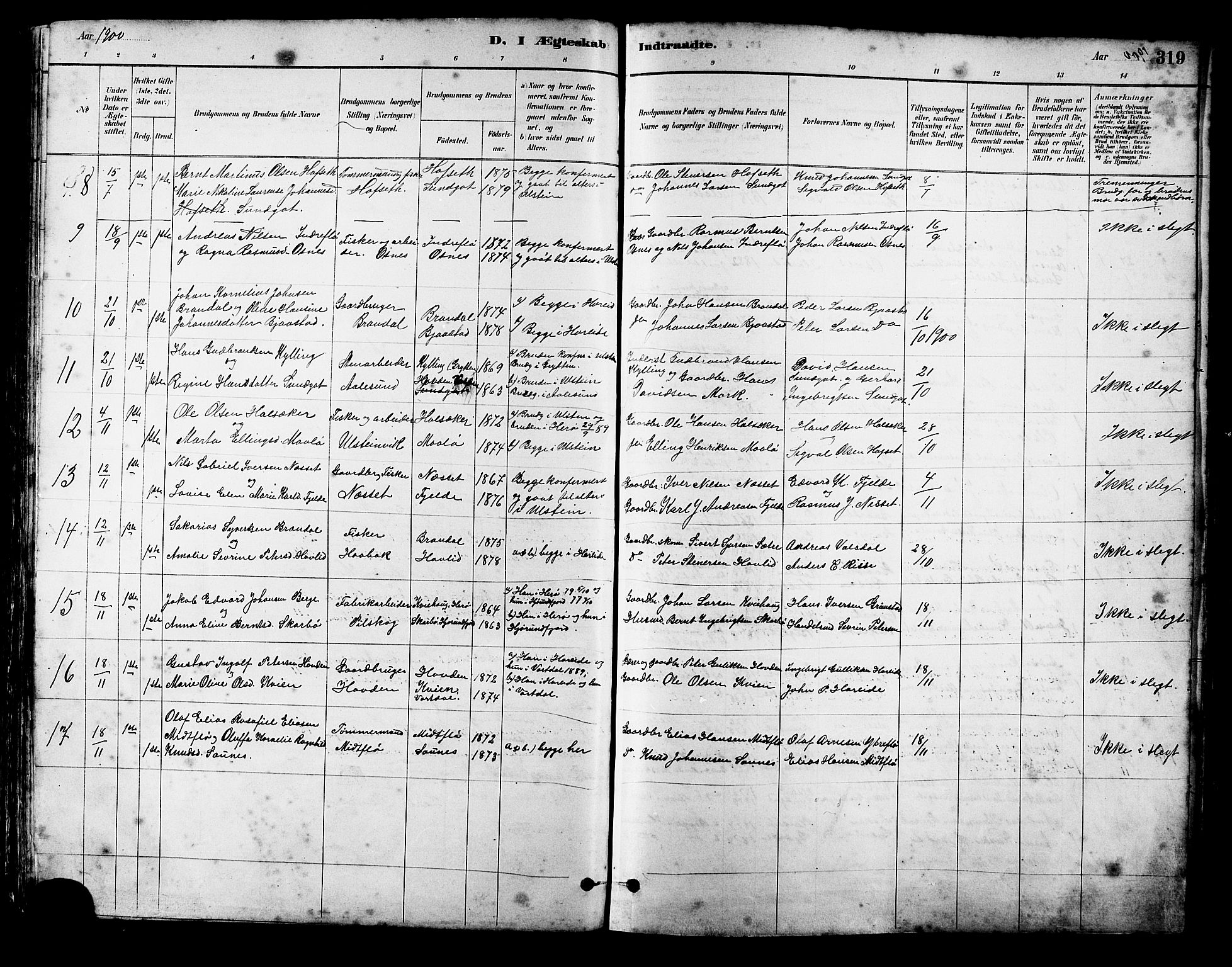 Ministerialprotokoller, klokkerbøker og fødselsregistre - Møre og Romsdal, AV/SAT-A-1454/509/L0112: Parish register (copy) no. 509C02, 1883-1922, p. 319