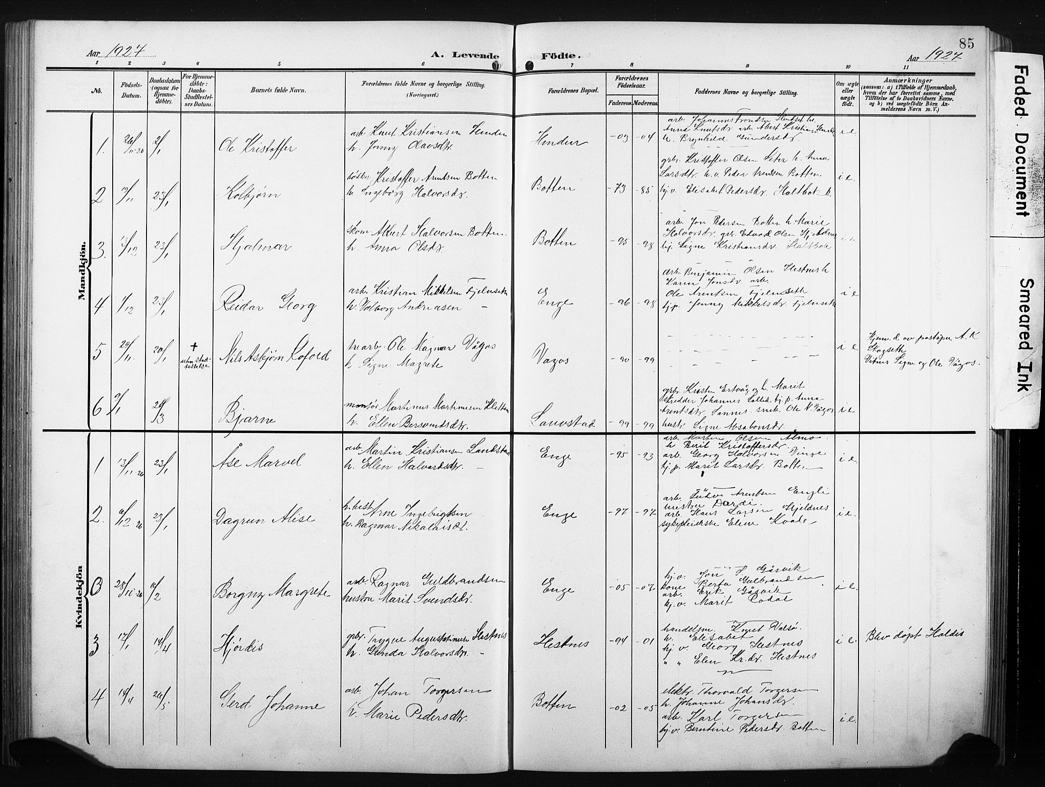 Ministerialprotokoller, klokkerbøker og fødselsregistre - Møre og Romsdal, AV/SAT-A-1454/580/L0927: Parish register (copy) no. 580C02, 1904-1932, p. 85