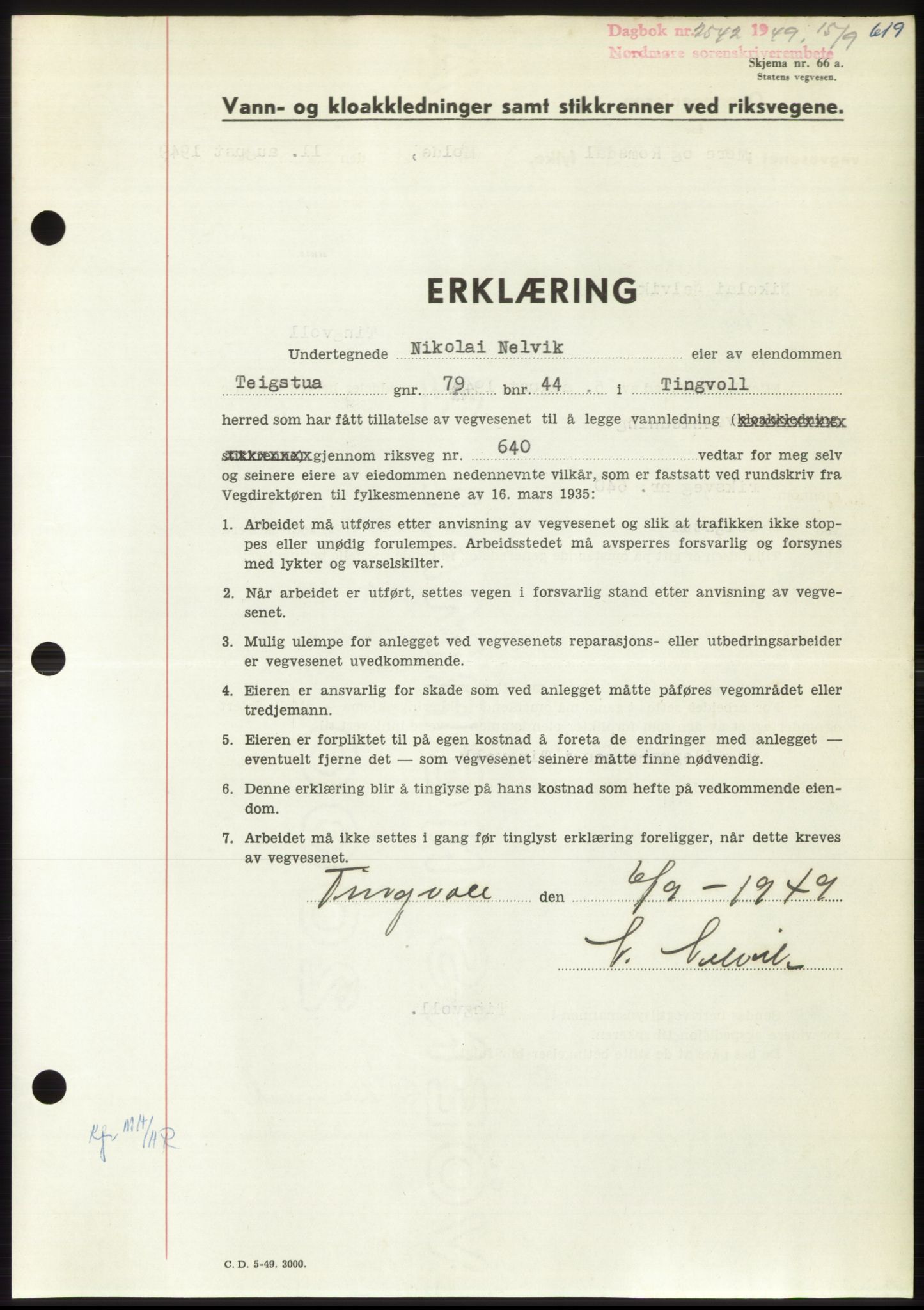 Nordmøre sorenskriveri, AV/SAT-A-4132/1/2/2Ca: Mortgage book no. B102, 1949-1949, Diary no: : 2542/1949