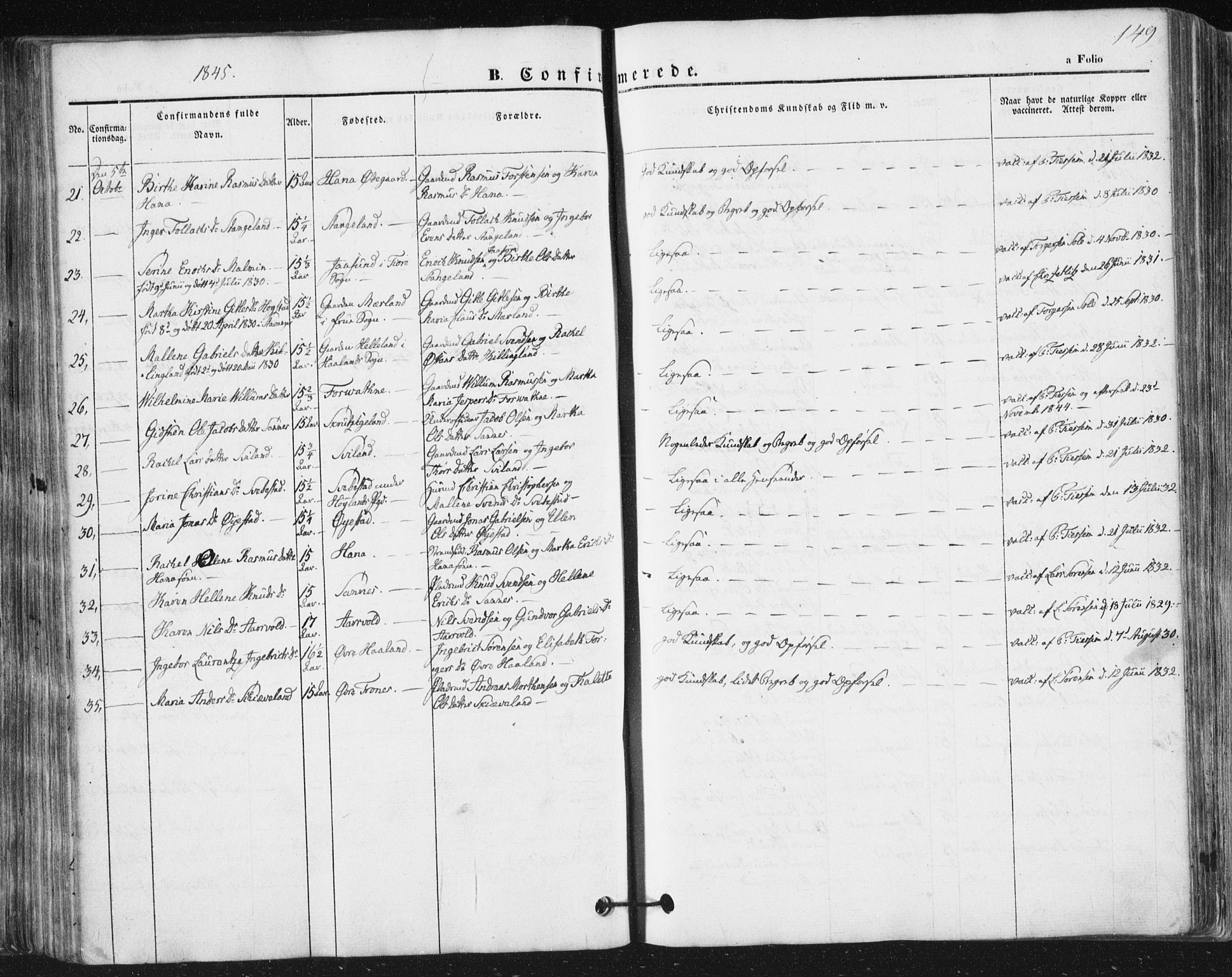 Høyland sokneprestkontor, SAST/A-101799/001/30BA/L0008: Parish register (official) no. A 8, 1841-1856, p. 149
