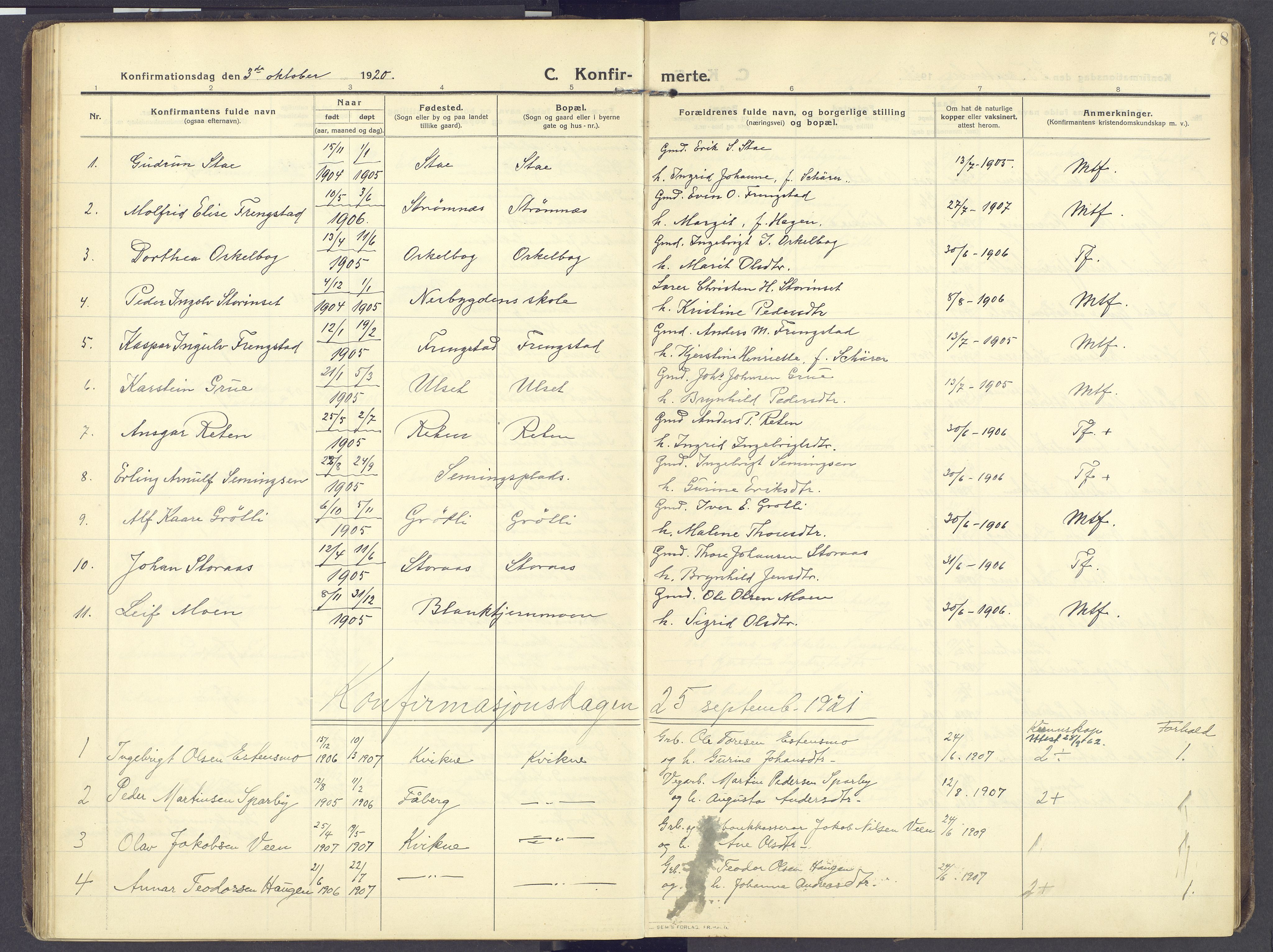 Kvikne prestekontor, SAH/PREST-064/H/Ha/Haa/L0009: Parish register (official) no. 9, 1911-1942, p. 78