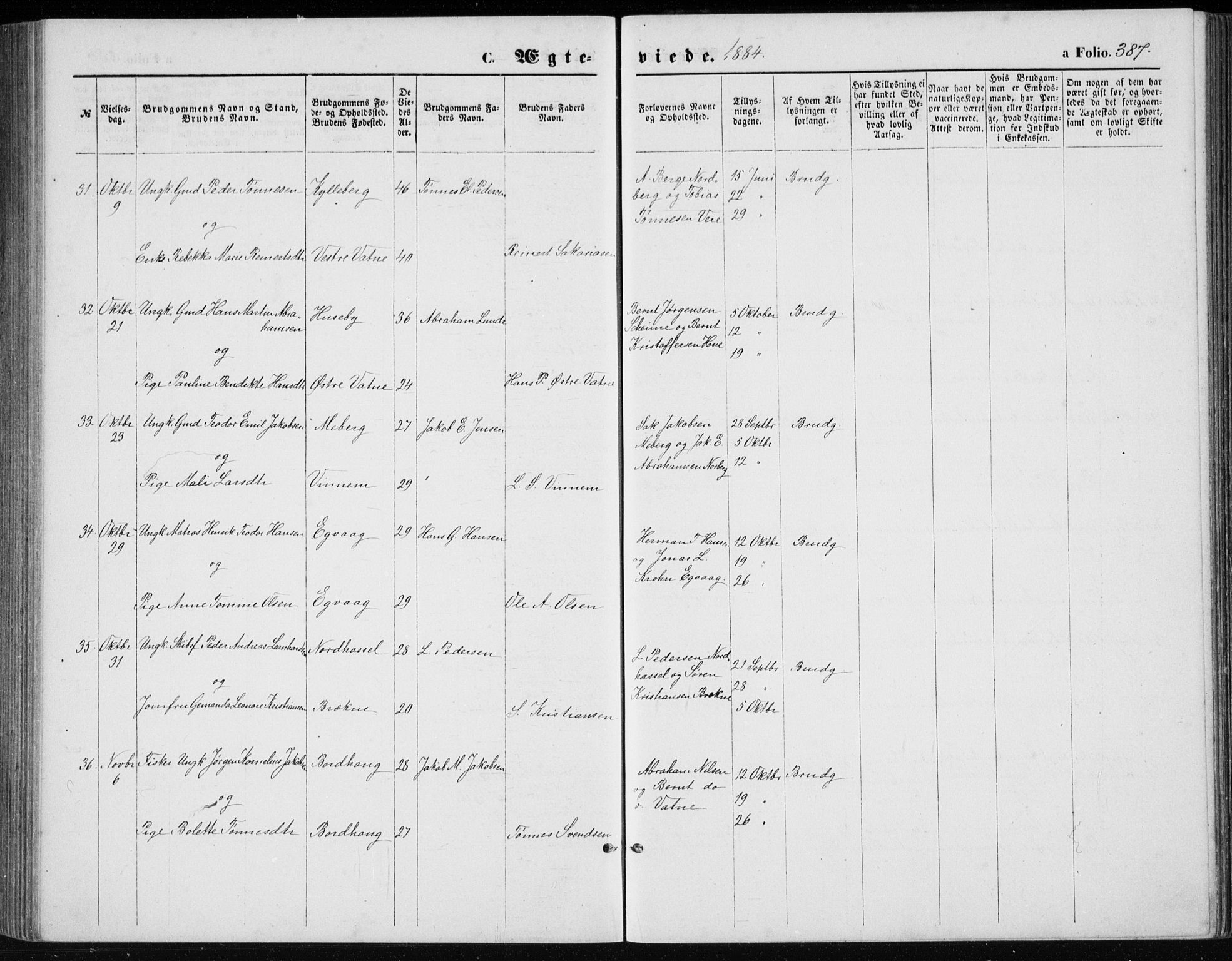 Lista sokneprestkontor, AV/SAK-1111-0027/F/Fb/L0004: Parish register (copy) no. B 4, 1877-1891, p. 387