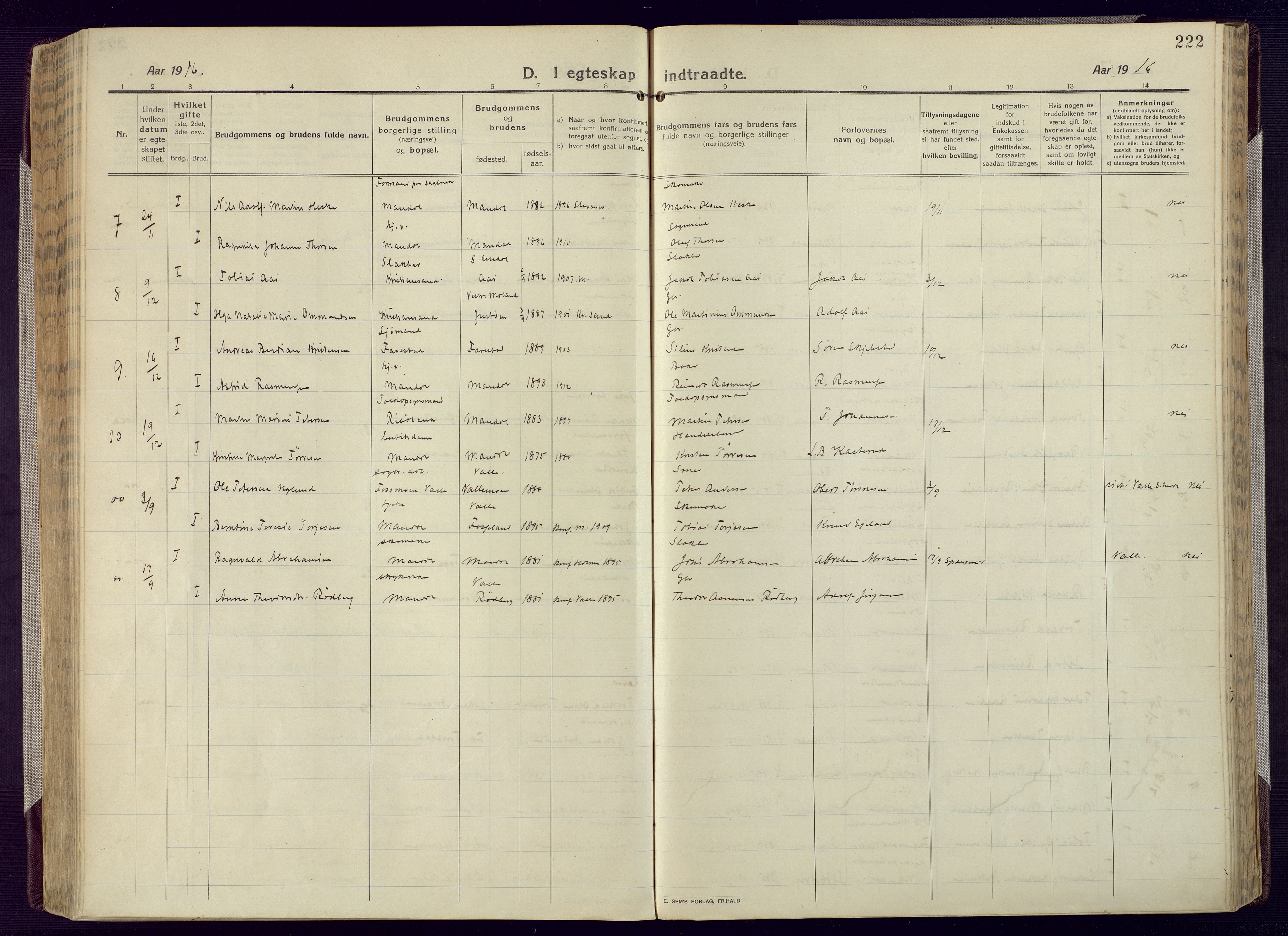 Mandal sokneprestkontor, AV/SAK-1111-0030/F/Fa/Fac/L0001: Parish register (official) no. A 1, 1913-1925, p. 222