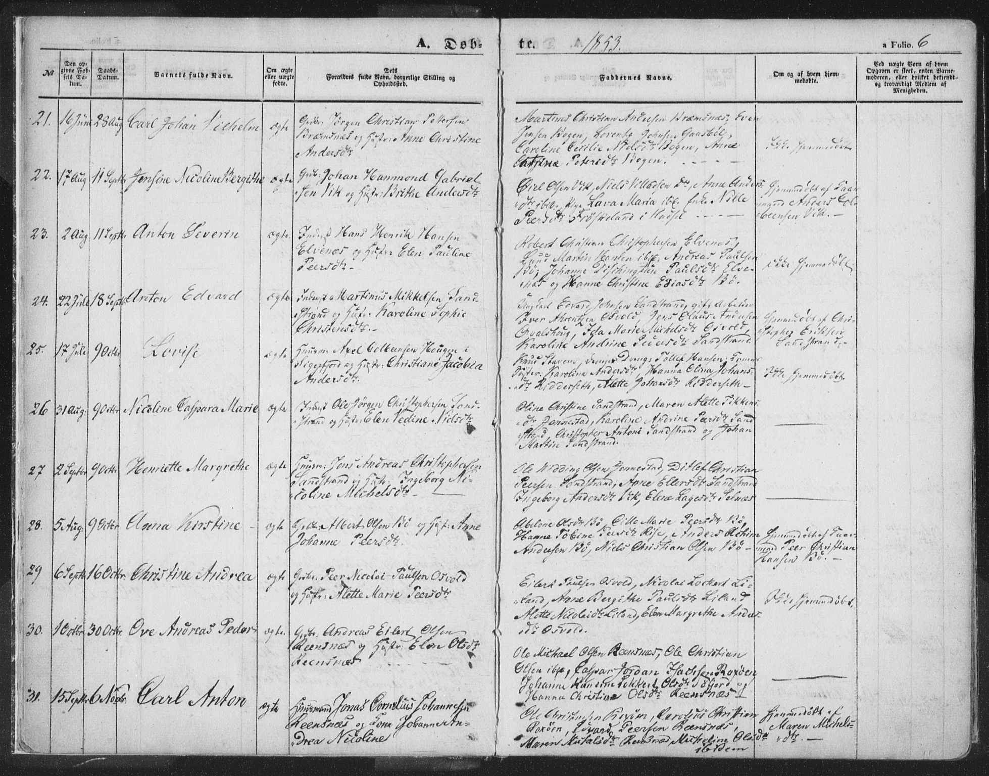 Ministerialprotokoller, klokkerbøker og fødselsregistre - Nordland, AV/SAT-A-1459/895/L1369: Parish register (official) no. 895A04, 1852-1872, p. 6