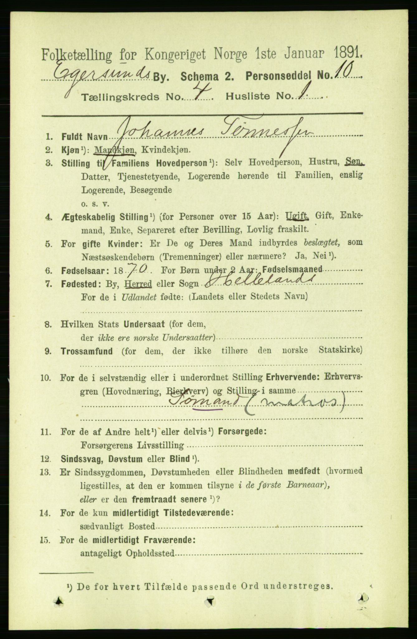 RA, 1891 census for 1101 Egersund, 1891, p. 609