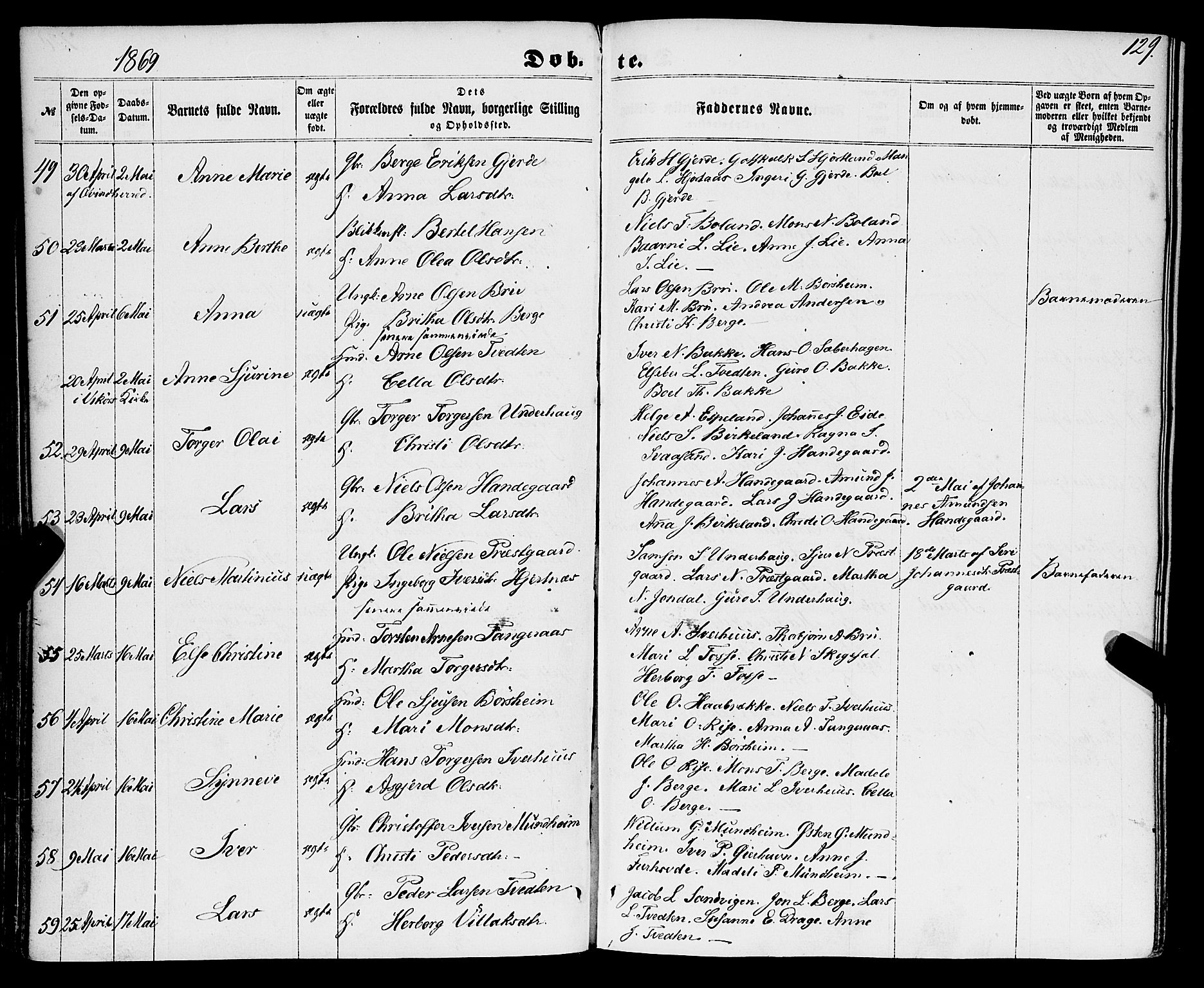 Strandebarm sokneprestembete, AV/SAB-A-78401/H/Haa: Parish register (official) no. A 8, 1858-1872, p. 129