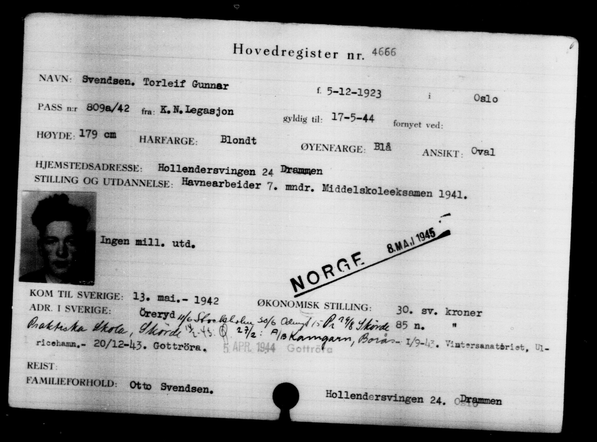 Utenriksstasjonene, Legasjonen i Stockholm, Flyktningkontoret, AV/RA-S-6753/V/Va/L0004: Kjesäterkartoteket, flyktninger med registreringsnr. 3496-6610, 1940-1945, p. 1382