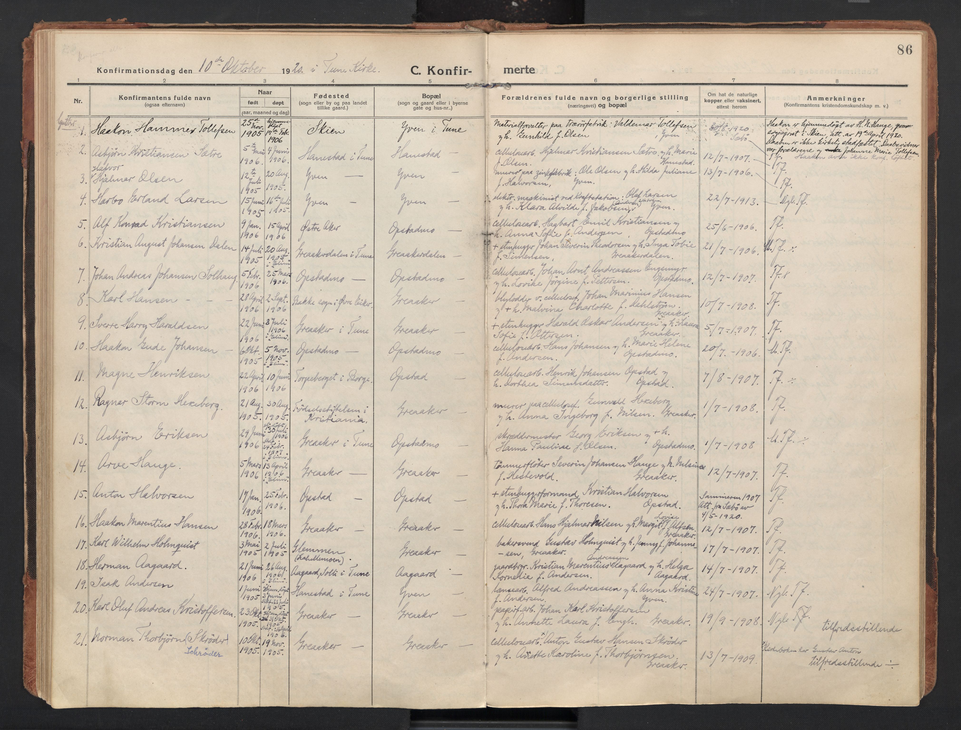 Tune prestekontor Kirkebøker, AV/SAO-A-2007/F/Fb/L0001: Curate's parish register no. 1, 1915-1923, p. 86