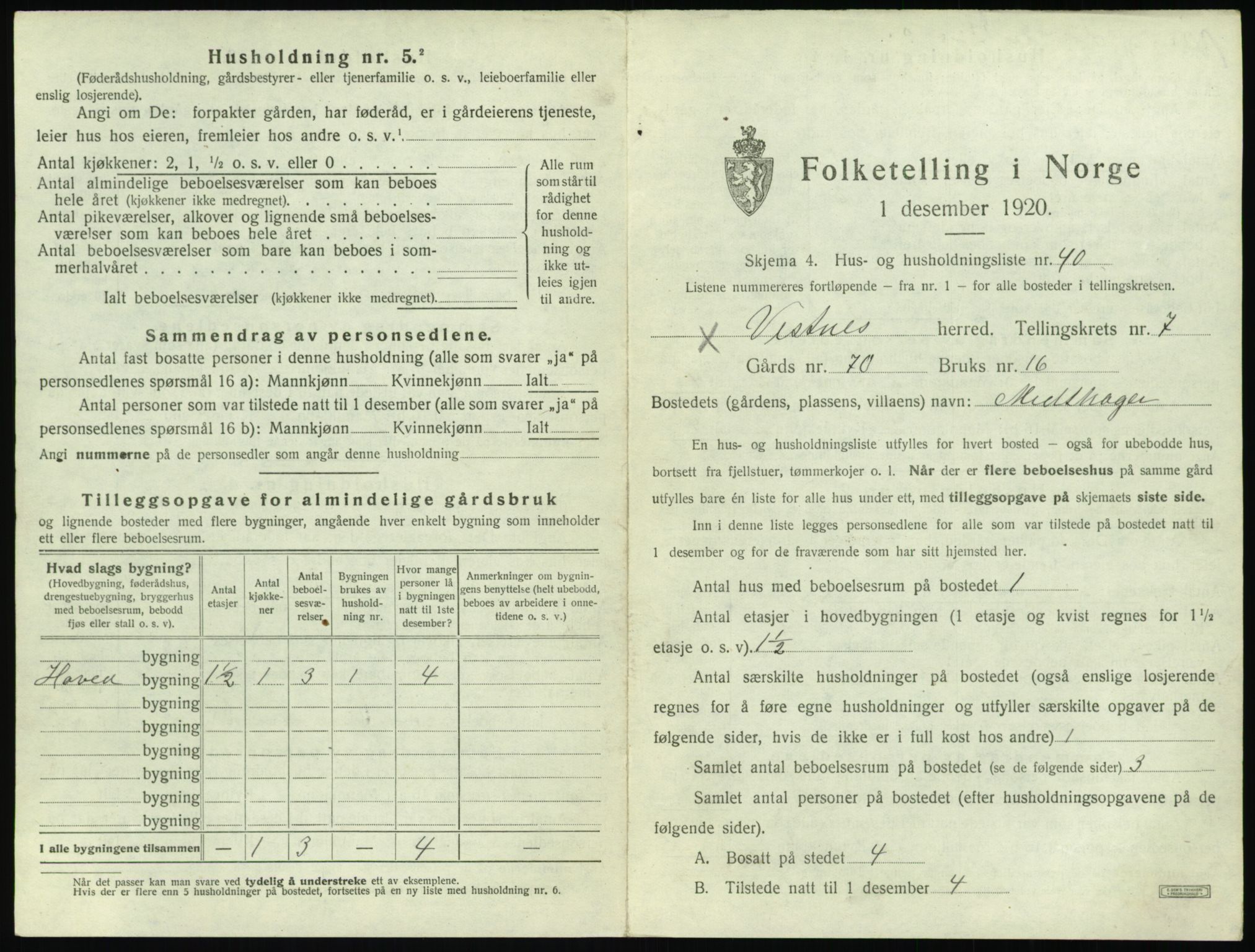 SAT, 1920 census for Vestnes, 1920, p. 857