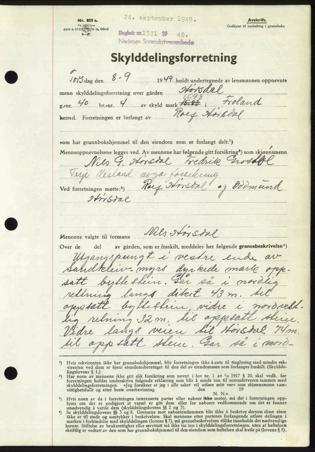 Nedenes sorenskriveri, SAK/1221-0006/G/Gb/Gba/L0061: Mortgage book no. A13, 1949-1949, Diary no: : 1521/1949