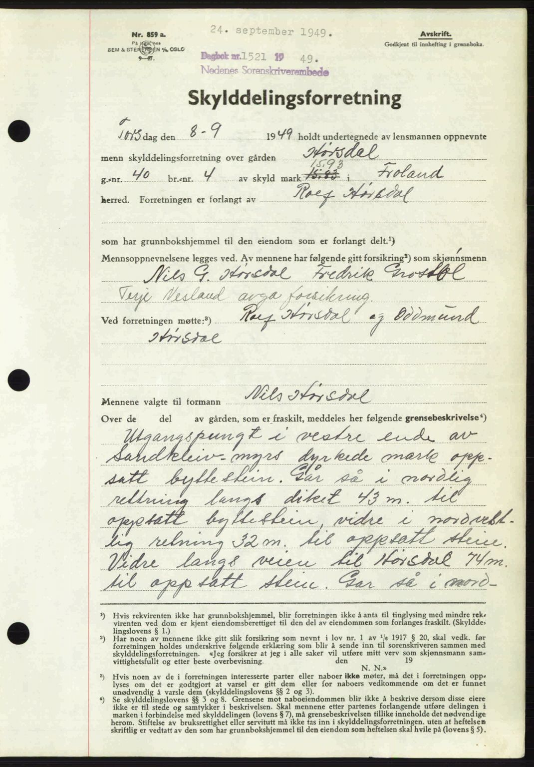 Nedenes sorenskriveri, AV/SAK-1221-0006/G/Gb/Gba/L0061: Mortgage book no. A13, 1949-1949, Diary no: : 1521/1949