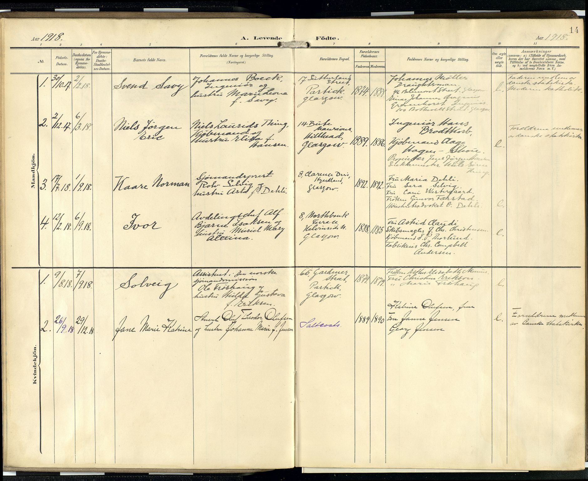 Den norske sjømannsmisjon i utlandet/Skotske havner (Leith, Glasgow), SAB/SAB/PA-0100/H/Ha/Hab/L0001: Parish register (official) no. A 1, 1902-1931, p. 13b-14a