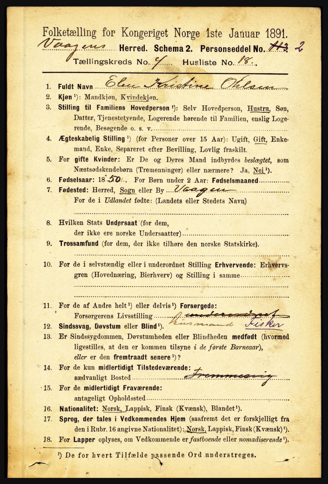 RA, 1891 census for 1865 Vågan, 1891, p. 1049