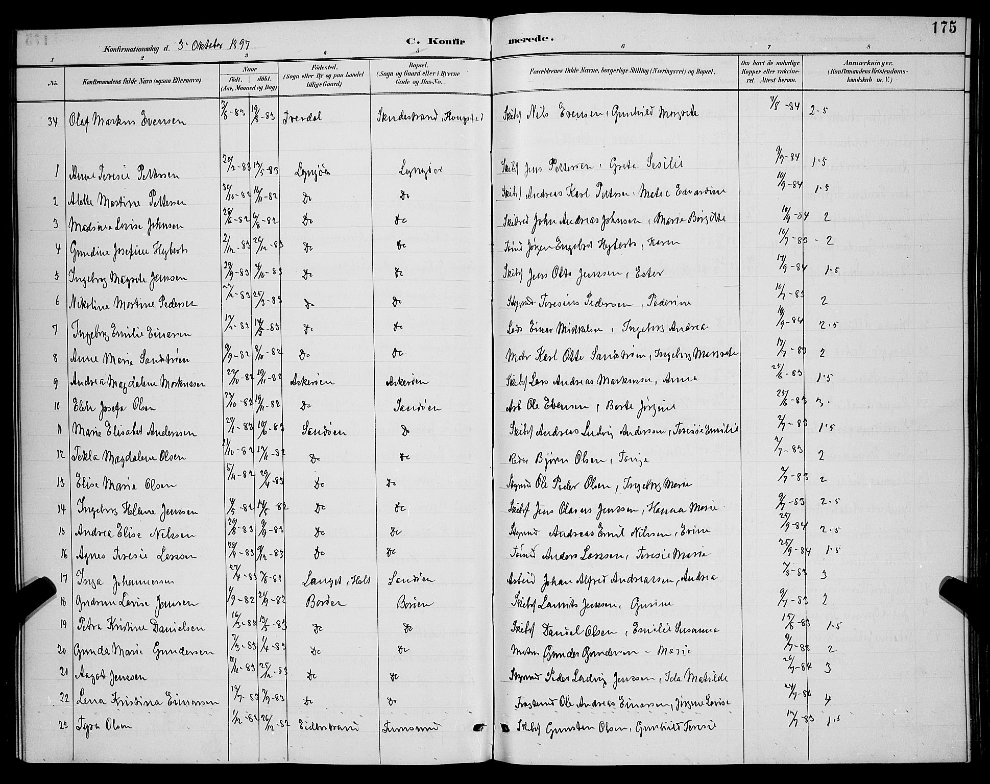 Dypvåg sokneprestkontor, SAK/1111-0007/F/Fb/Fba/L0013: Parish register (copy) no. B 13, 1887-1900, p. 175