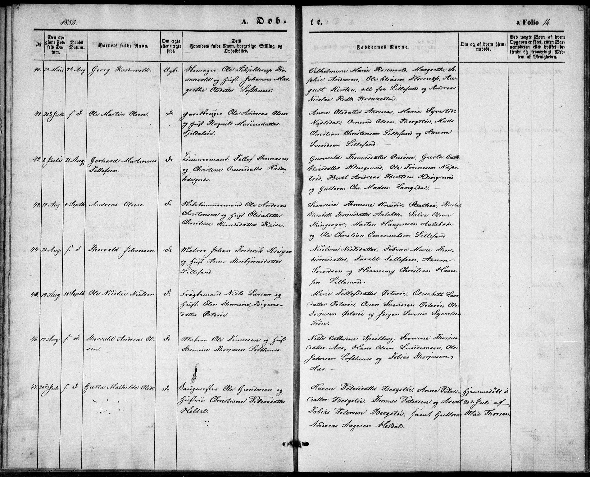 Vestre Moland sokneprestkontor, SAK/1111-0046/F/Fb/Fbb/L0003: Parish register (copy) no. B 3, 1851-1861, p. 16