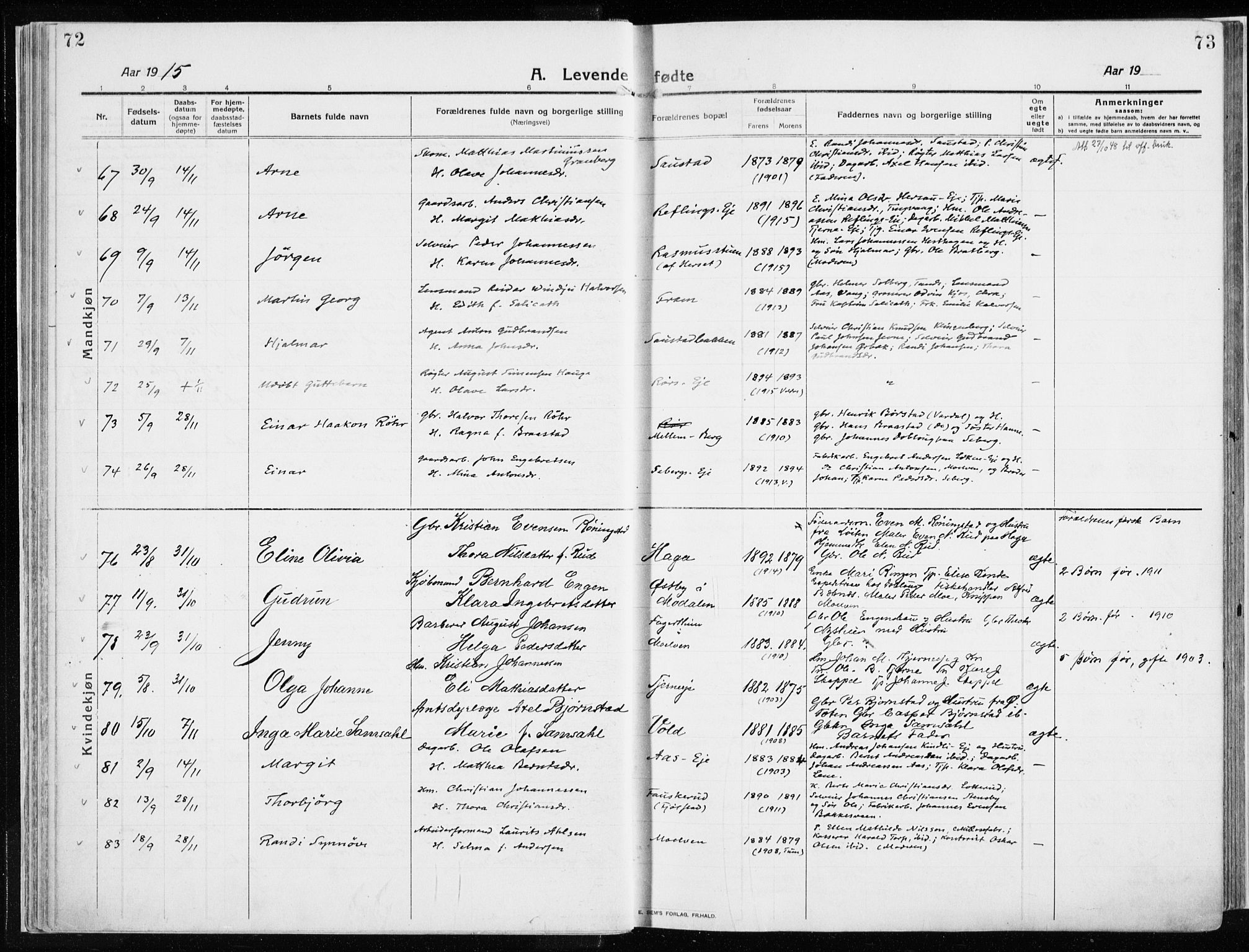 Ringsaker prestekontor, AV/SAH-PREST-014/K/Ka/L0020: Parish register (official) no. 20, 1913-1922, p. 72-73