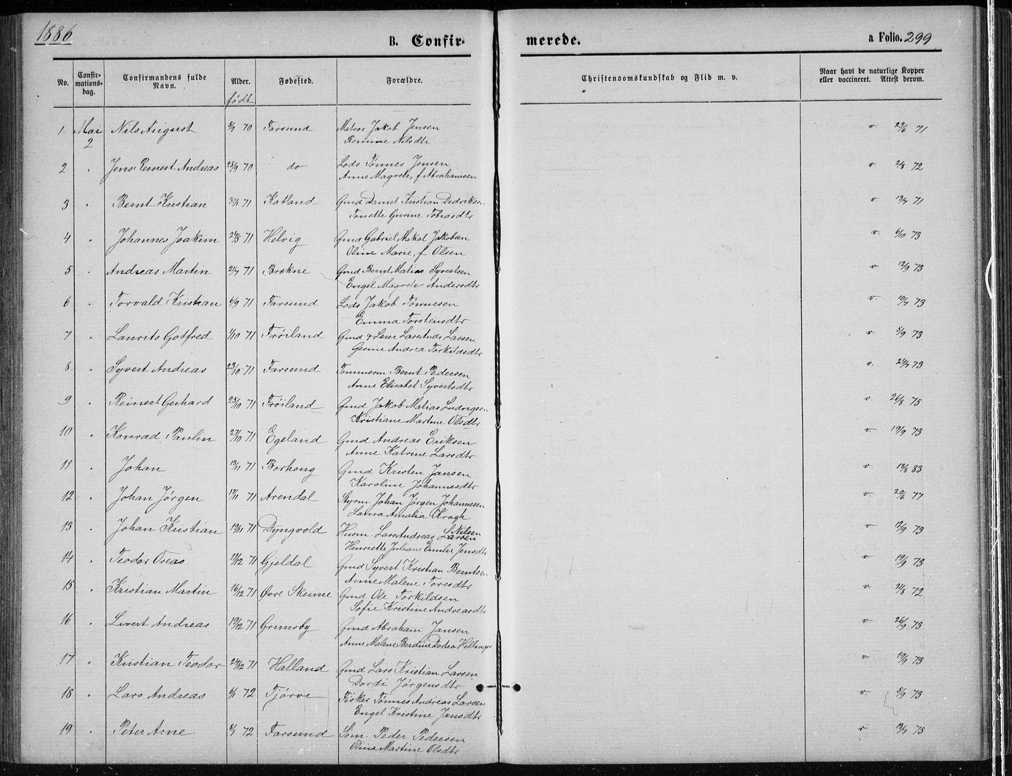 Lista sokneprestkontor, SAK/1111-0027/F/Fb/L0004: Parish register (copy) no. B 4, 1877-1891, p. 299