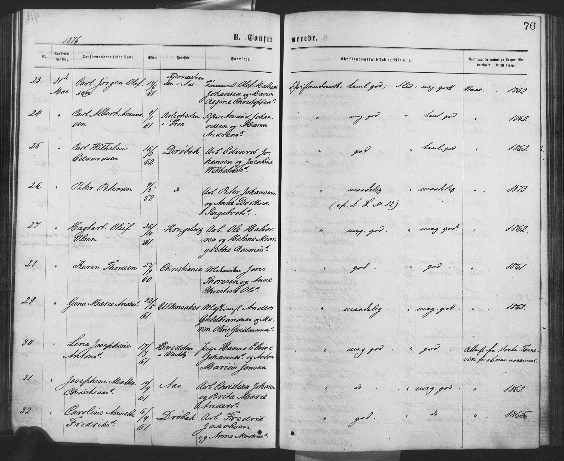 Drøbak prestekontor Kirkebøker, AV/SAO-A-10142a/F/Fa/L0003: Parish register (official) no. I 3, 1871-1877, p. 76