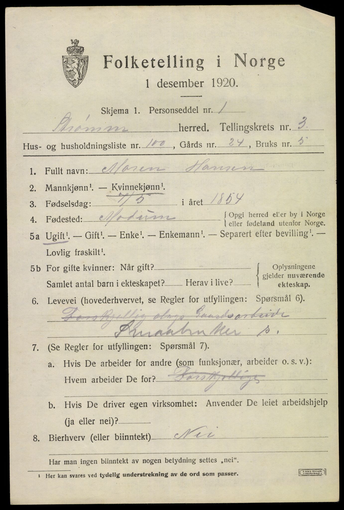 SAKO, 1920 census for Strømm, 1920, p. 3143