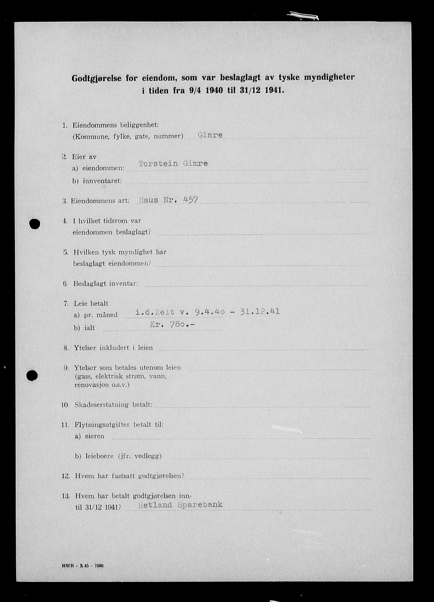 Justisdepartementet, Tilbakeføringskontoret for inndratte formuer, AV/RA-S-1564/I/L1014: Godtgjørelse for beslaglagt eiendom, 1940-1941, p. 282