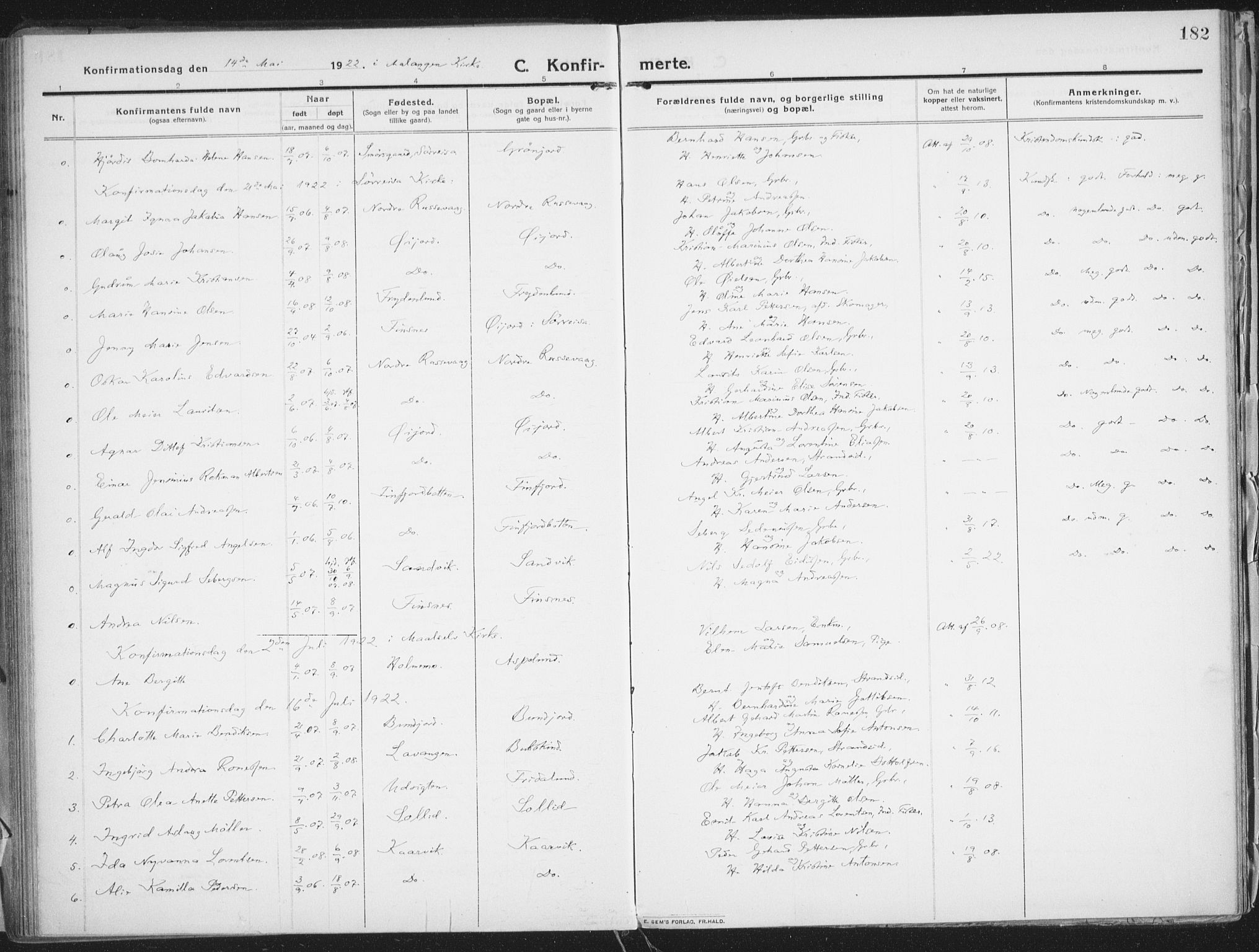 Lenvik sokneprestembete, AV/SATØ-S-1310/H/Ha/Haa/L0016kirke: Parish register (official) no. 16, 1910-1924, p. 182