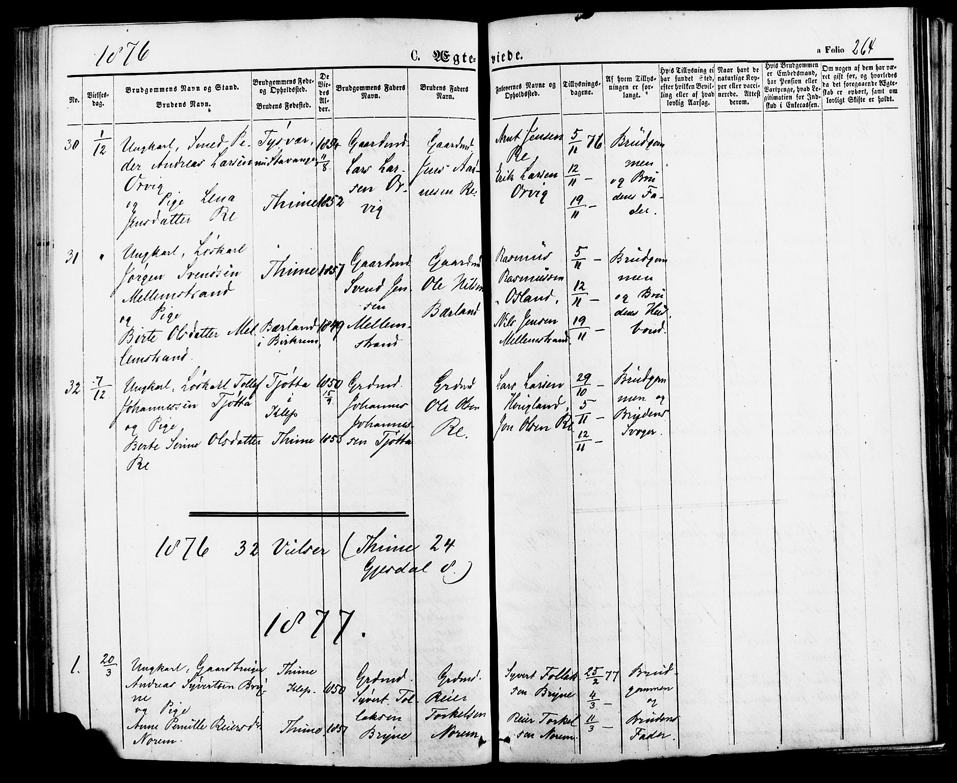 Lye sokneprestkontor, AV/SAST-A-101794/001/30BA/L0008: Parish register (official) no. A 7, 1872-1881, p. 264