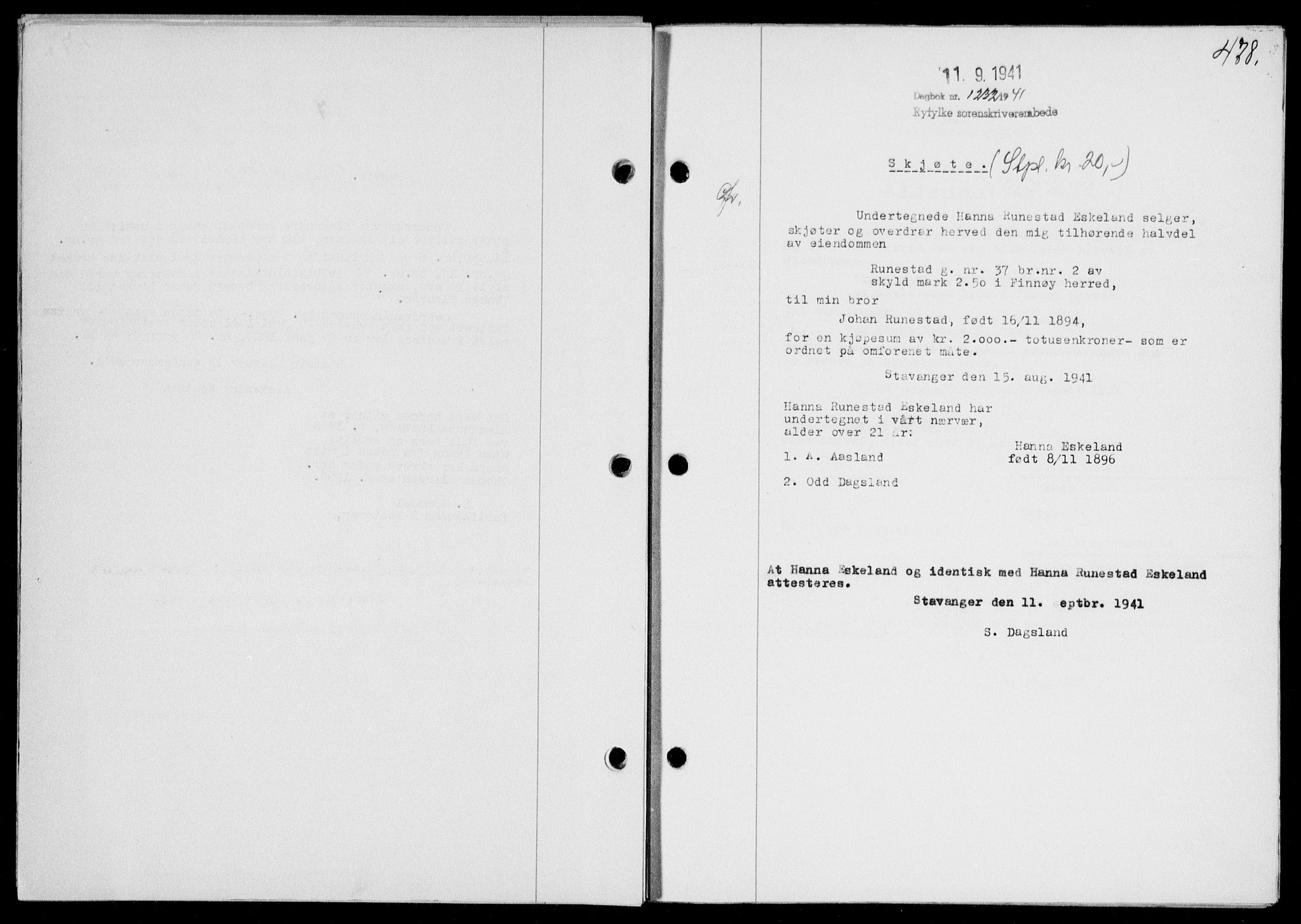 Ryfylke tingrett, SAST/A-100055/001/II/IIB/L0085: Mortgage book no. 64, 1941-1941, Diary no: : 1232/1941