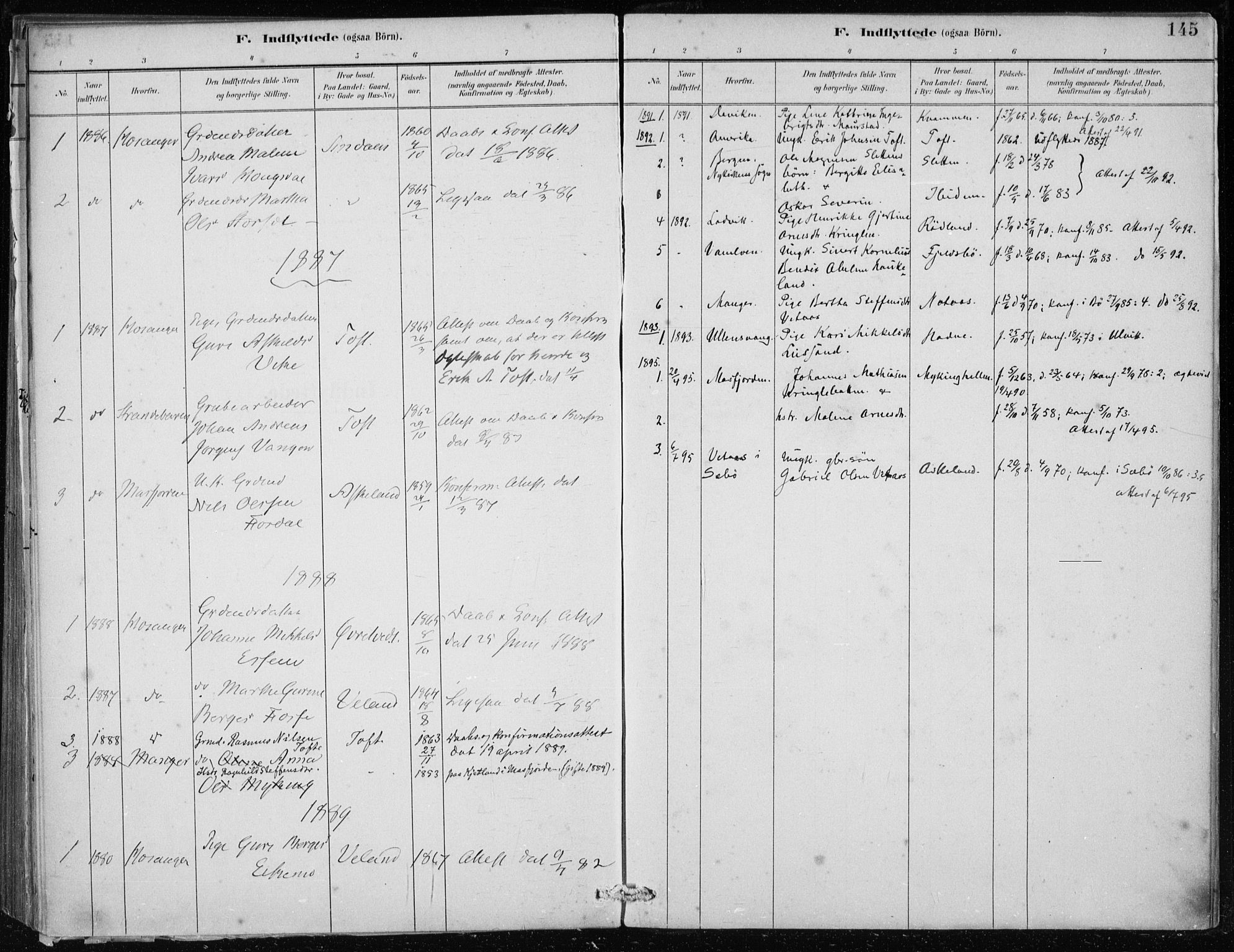 Lindås Sokneprestembete, AV/SAB-A-76701/H/Haa/Haaf/L0001: Parish register (official) no. F  1, 1886-1897, p. 145