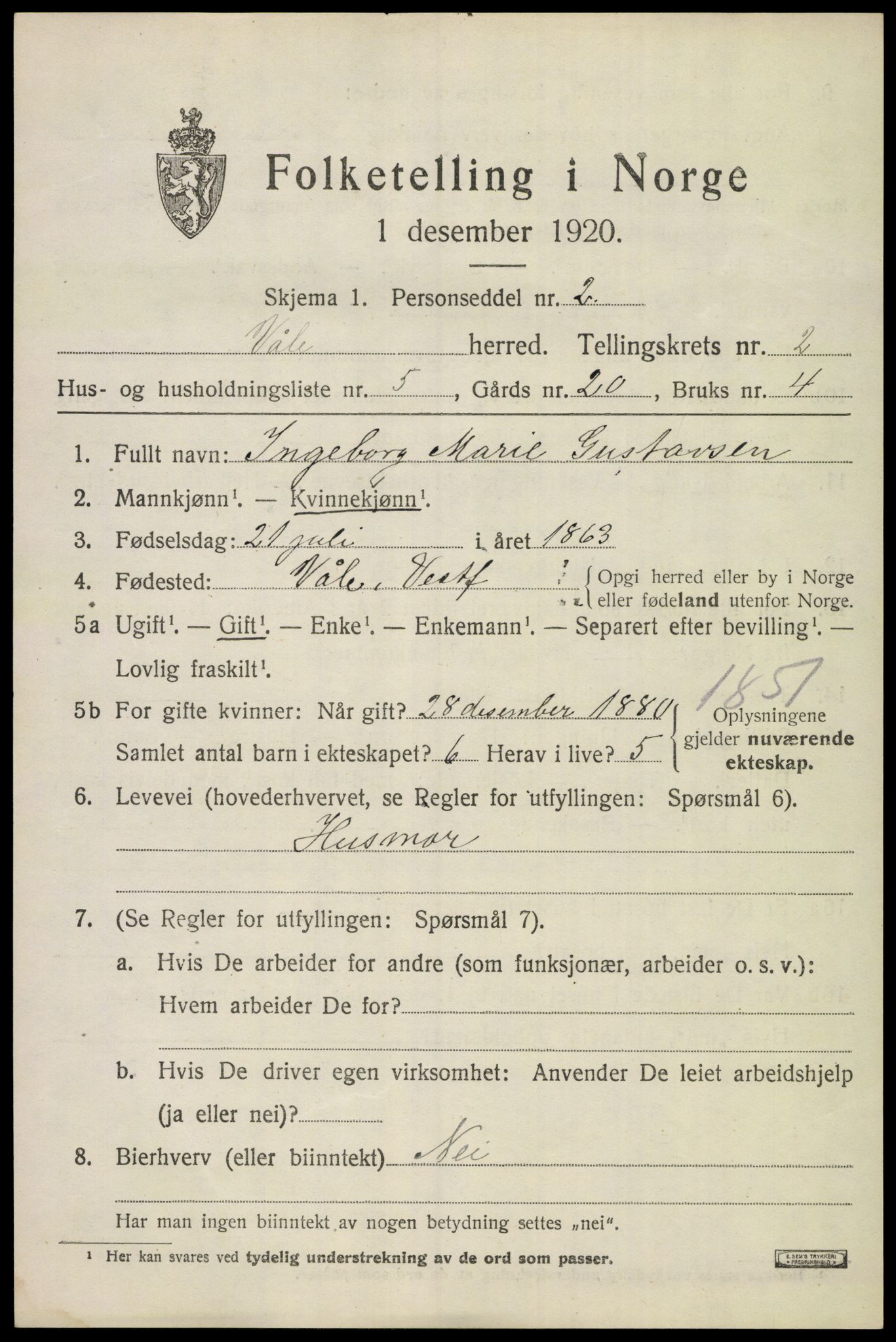 SAKO, 1920 census for Våle, 1920, p. 1952