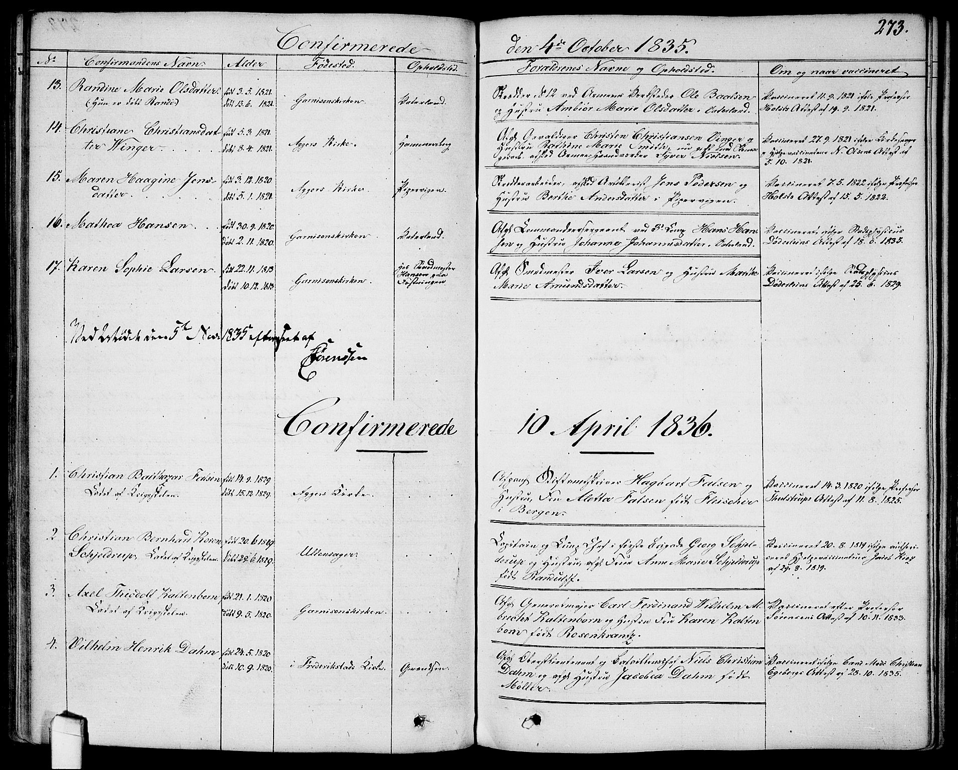 Garnisonsmenigheten Kirkebøker, AV/SAO-A-10846/G/Ga/L0004: Parish register (copy) no. 4, 1828-1840, p. 273