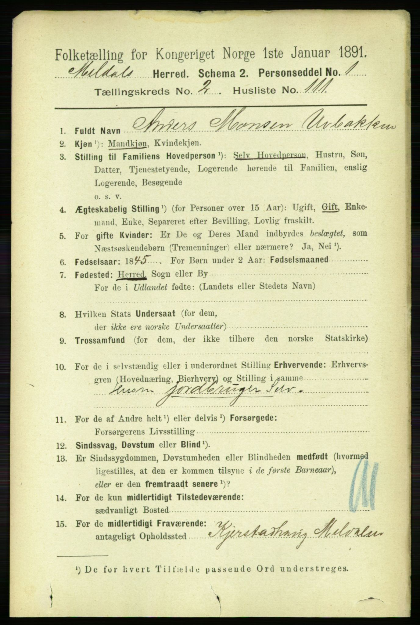 RA, 1891 census for 1636 Meldal, 1891, p. 1688