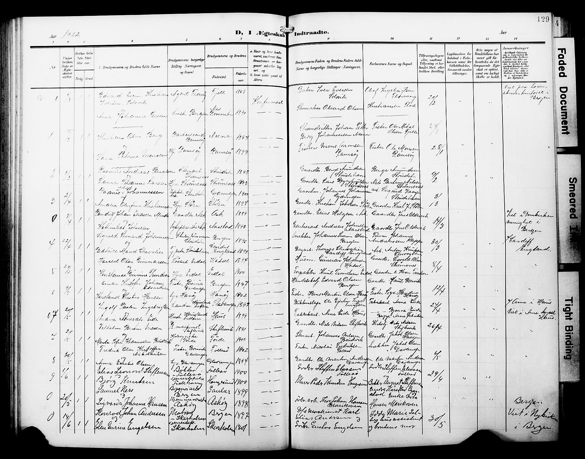 Askøy Sokneprestembete, AV/SAB-A-74101/H/Ha/Hab/Haba/L0014: Parish register (copy) no. A 14, 1904-1927, p. 129