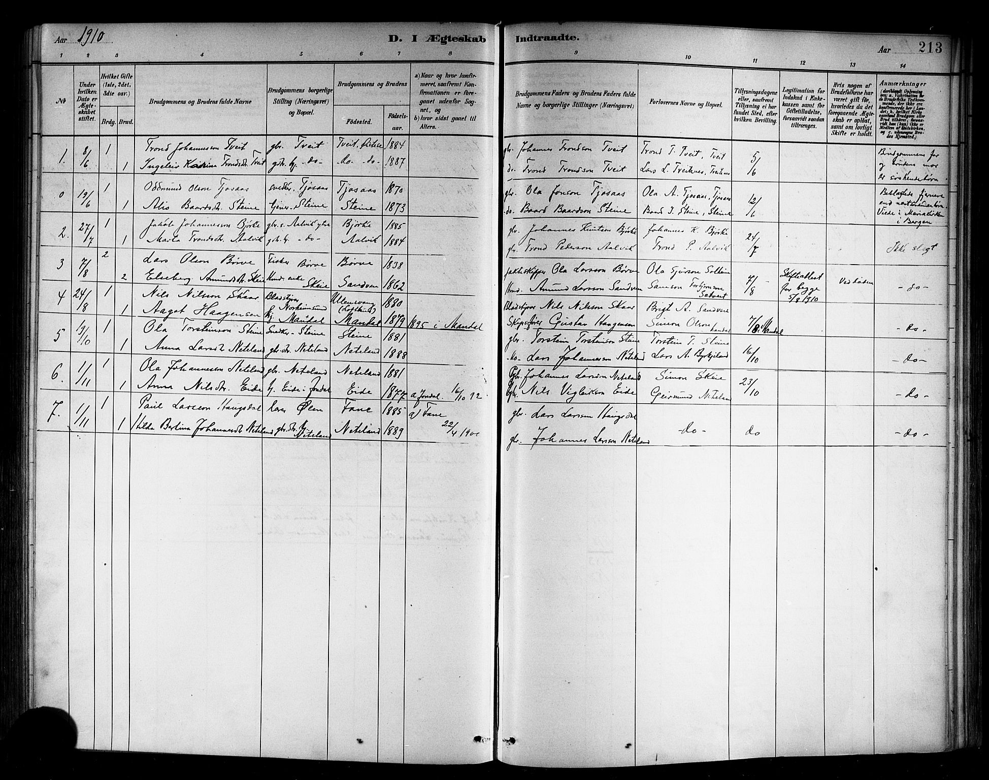 Kvam sokneprestembete, SAB/A-76201/H/Hab: Parish register (copy) no. B 3, 1884-1916, p. 213
