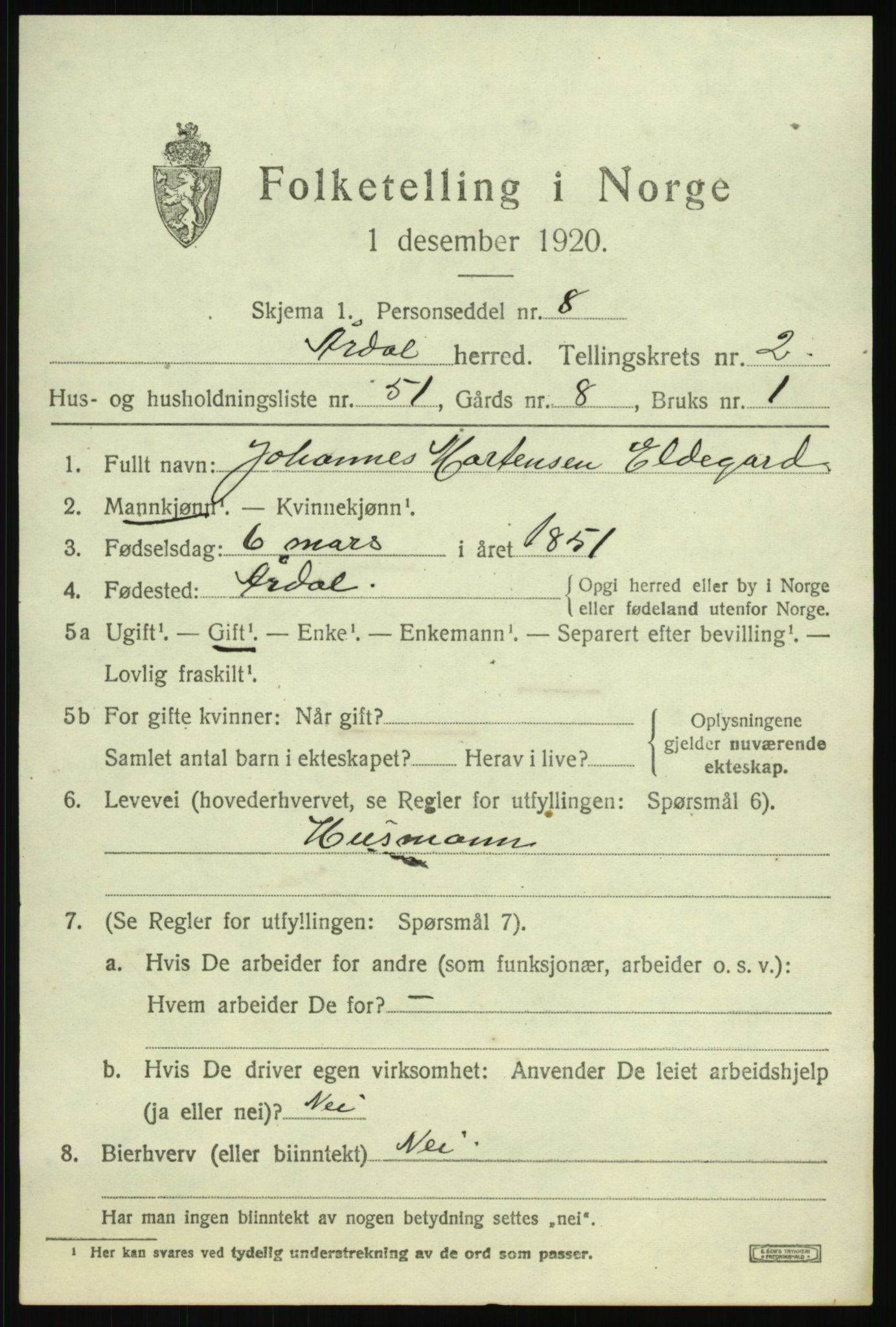 SAB, 1920 census for Årdal, 1920, p. 1501