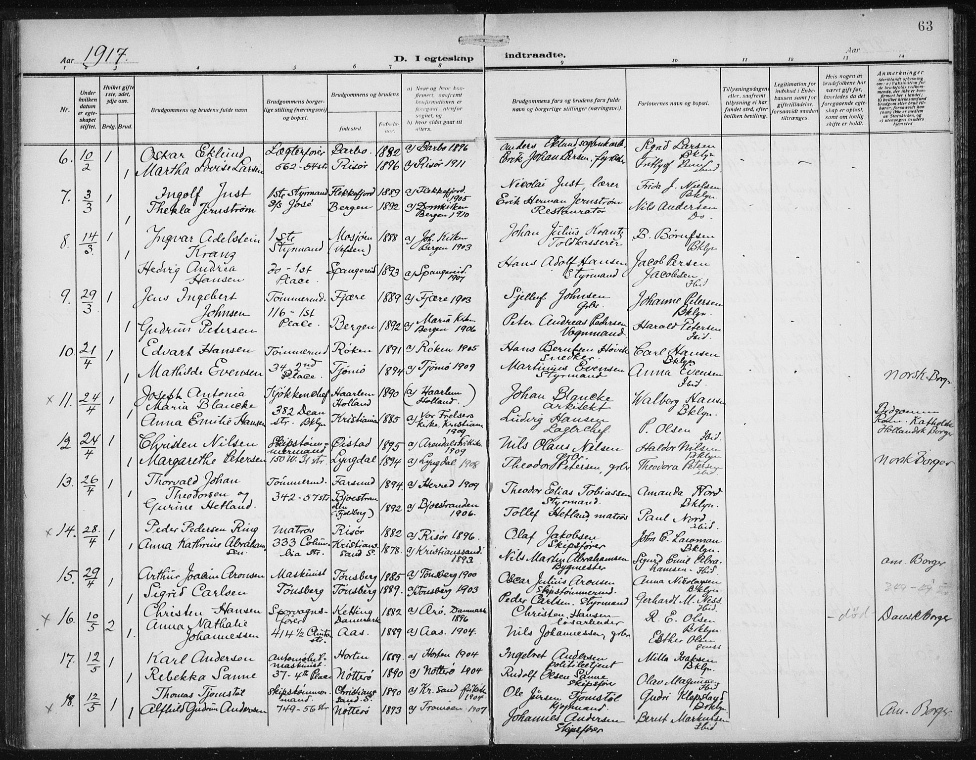 Den norske sjømannsmisjon i utlandet/New York, AV/SAB-SAB/PA-0110/H/Ha/L0007: Parish register (official) no. A 7, 1915-1923, p. 63