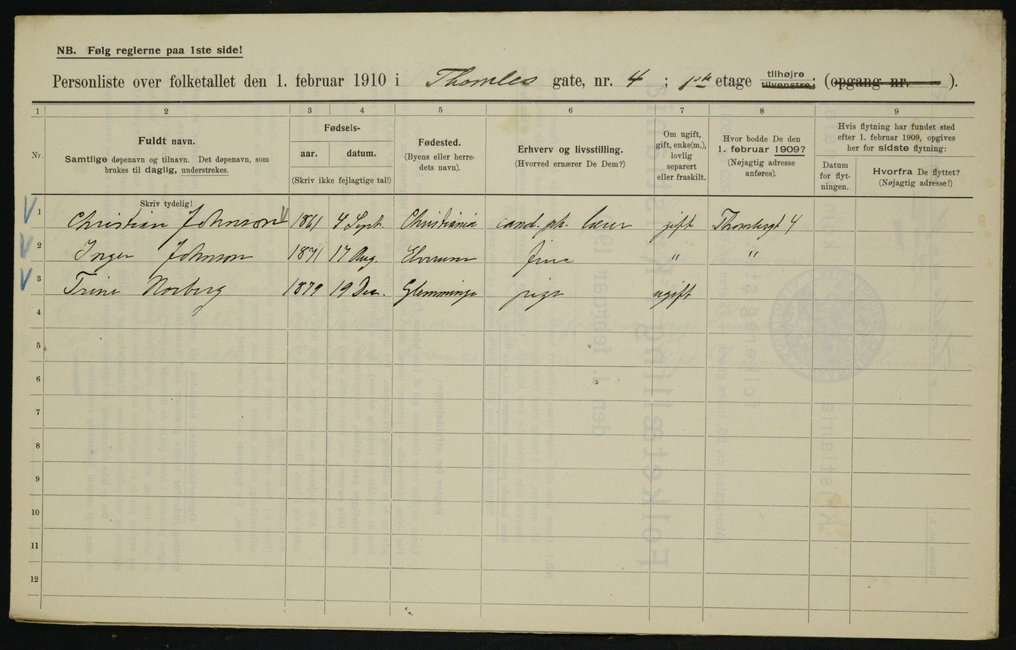 OBA, Municipal Census 1910 for Kristiania, 1910, p. 103660