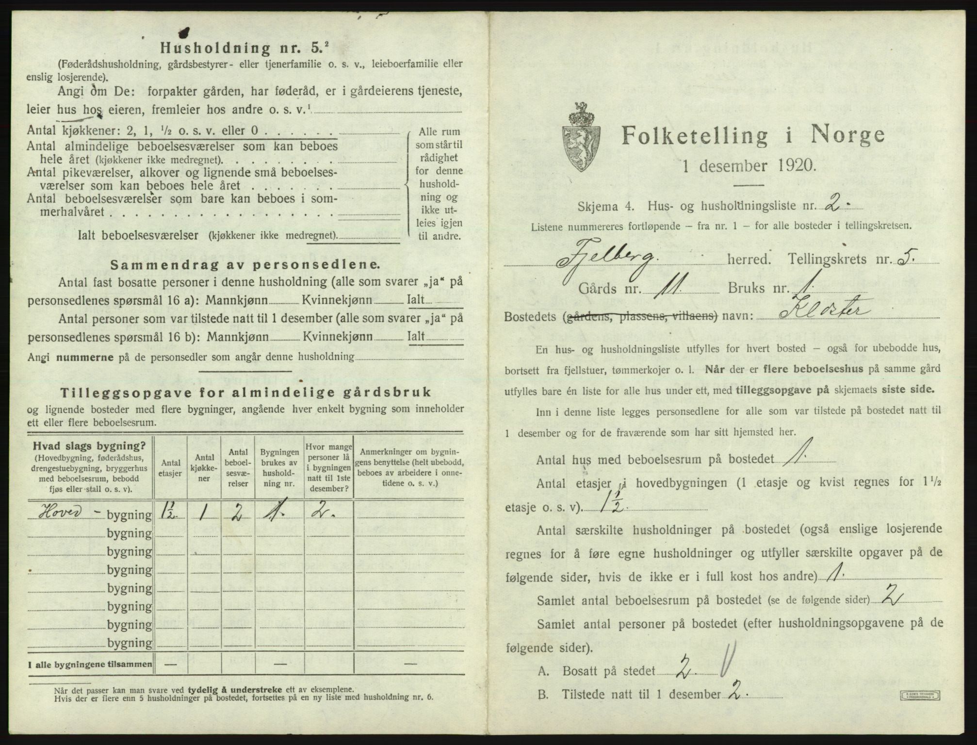 SAB, 1920 census for Fjelberg, 1920, p. 227