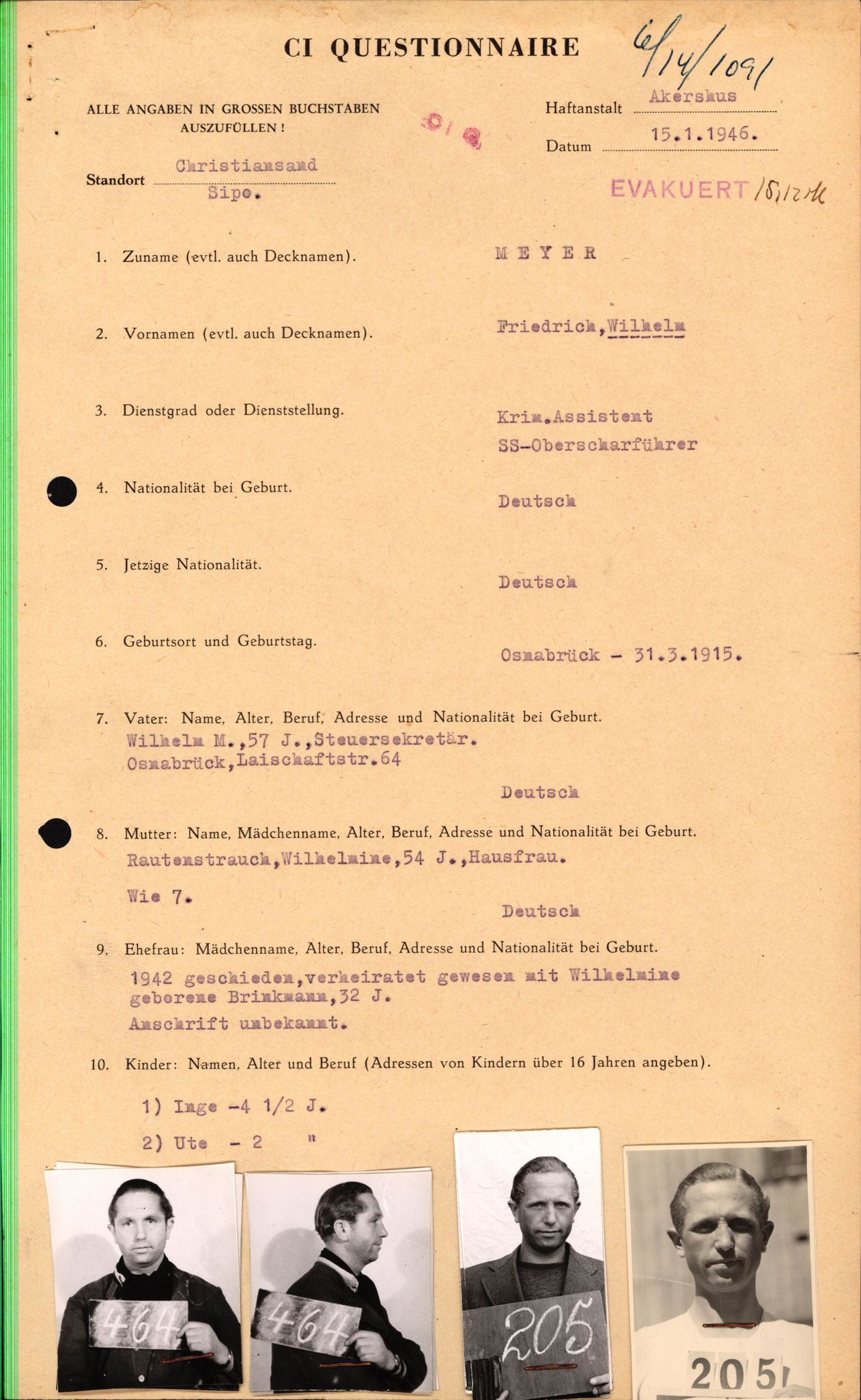 Forsvaret, Forsvarets overkommando II, RA/RAFA-3915/D/Db/L0022: CI Questionaires. Tyske okkupasjonsstyrker i Norge. Tyskere., 1945-1946, p. 123