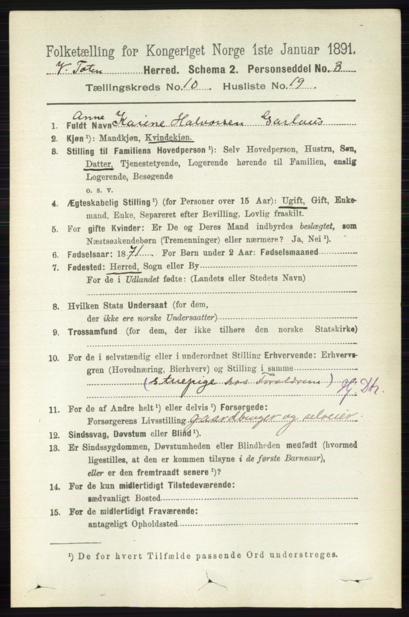 RA, 1891 census for 0529 Vestre Toten, 1891, p. 6301