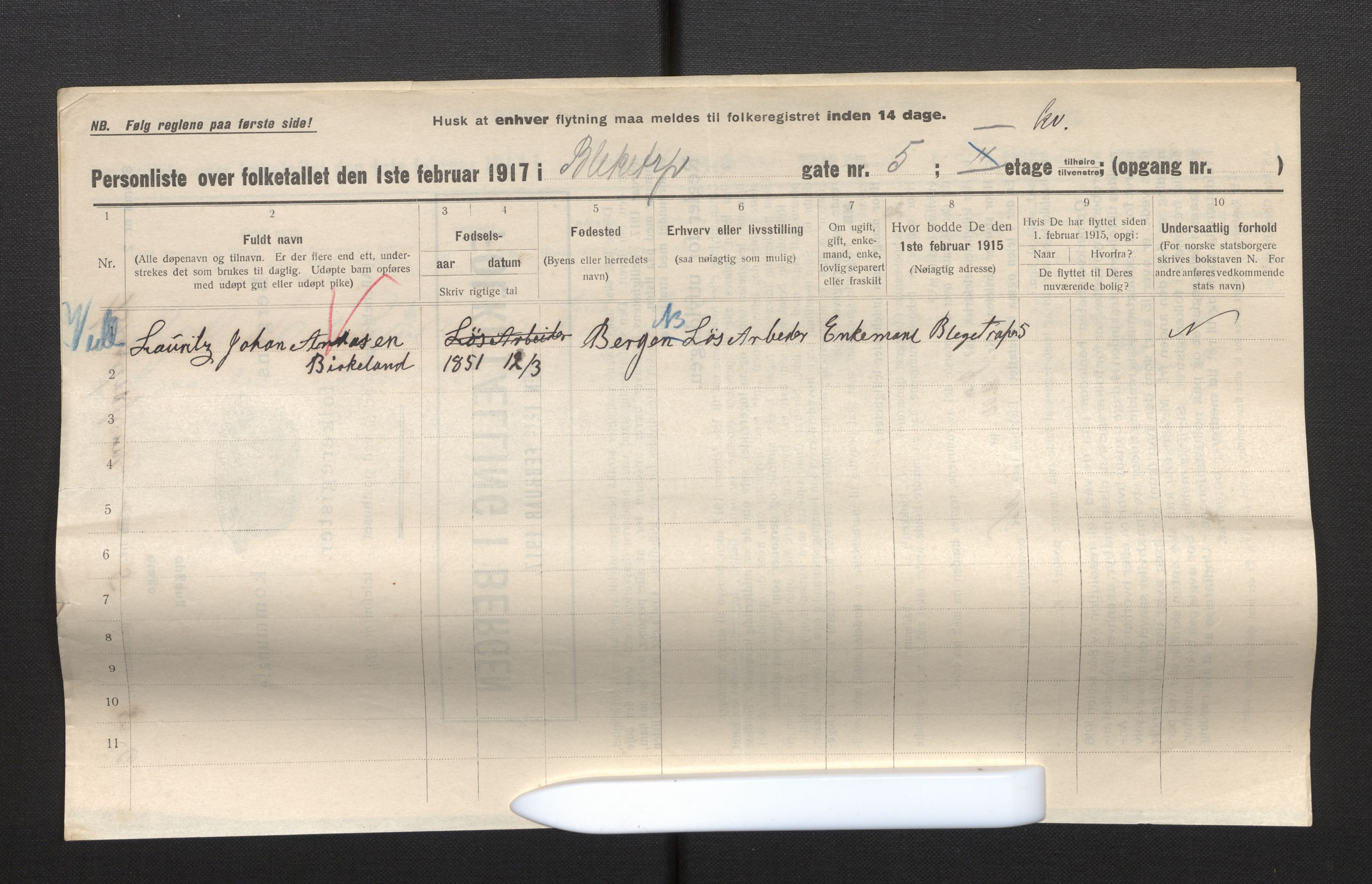 SAB, Municipal Census 1917 for Bergen, 1917, p. 2825