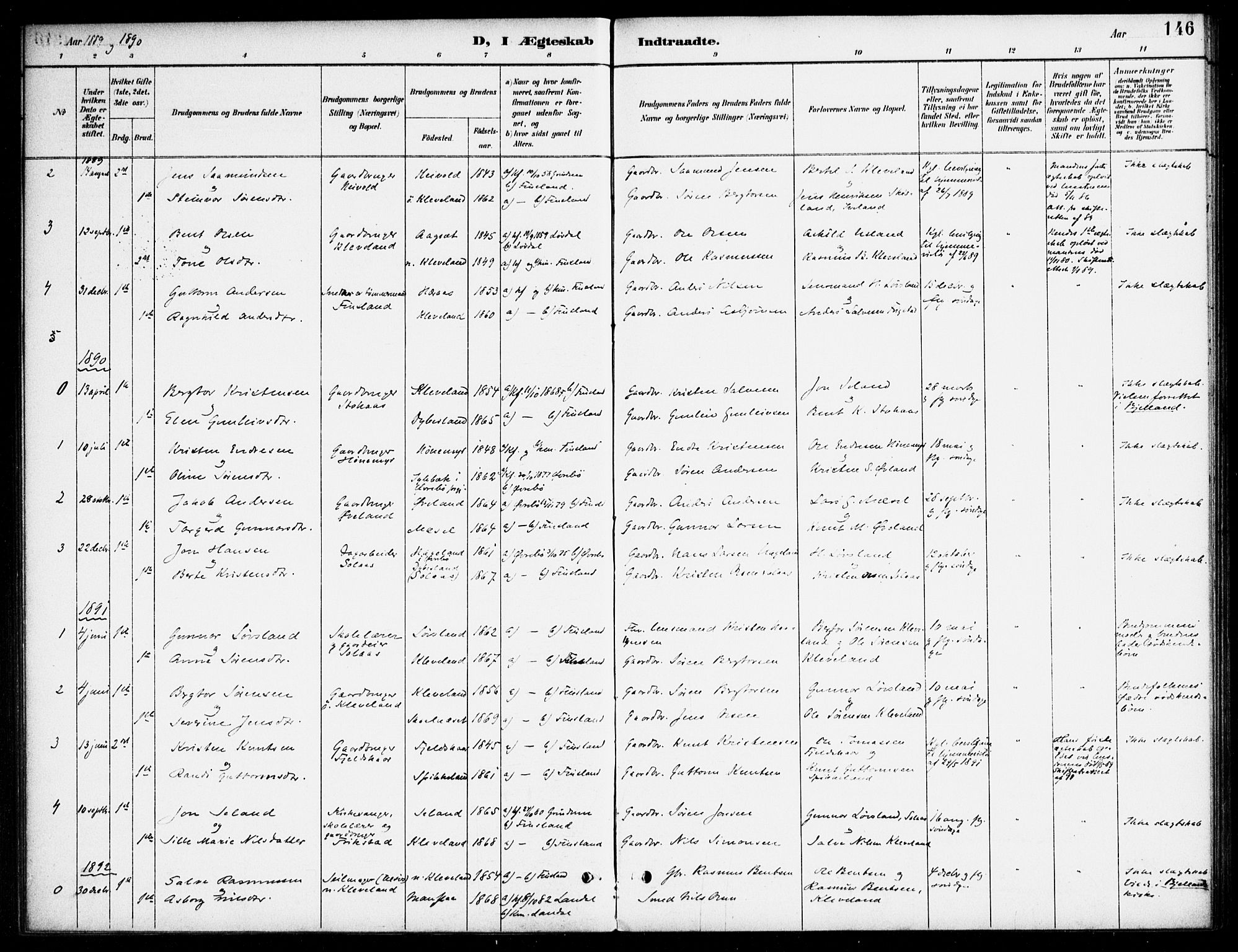 Bjelland sokneprestkontor, AV/SAK-1111-0005/F/Fa/Fab/L0004: Parish register (official) no. A 4, 1887-1920, p. 146