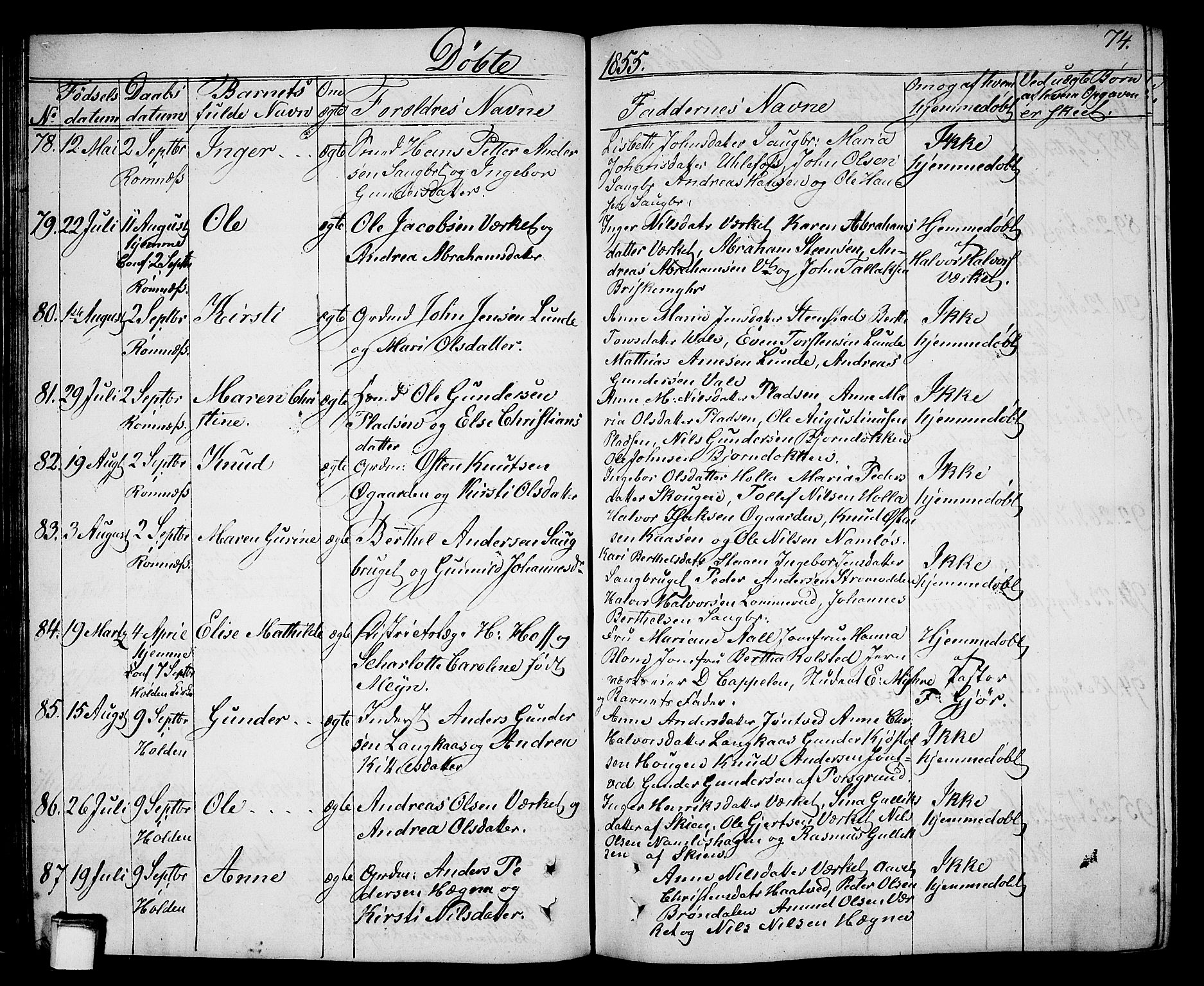 Holla kirkebøker, SAKO/A-272/G/Ga/L0003: Parish register (copy) no. I 3, 1849-1866, p. 74