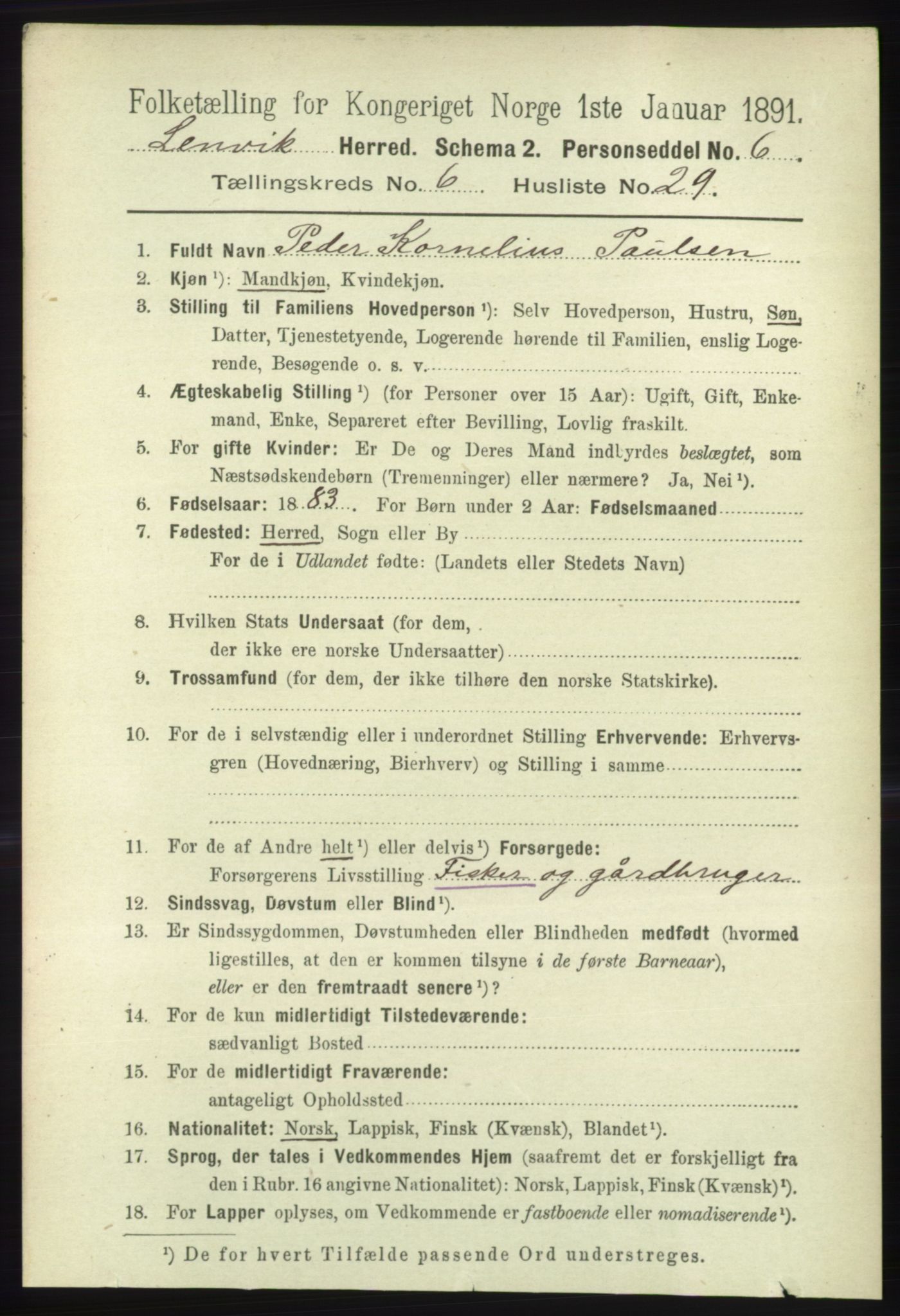 RA, 1891 census for 1931 Lenvik, 1891, p. 3407