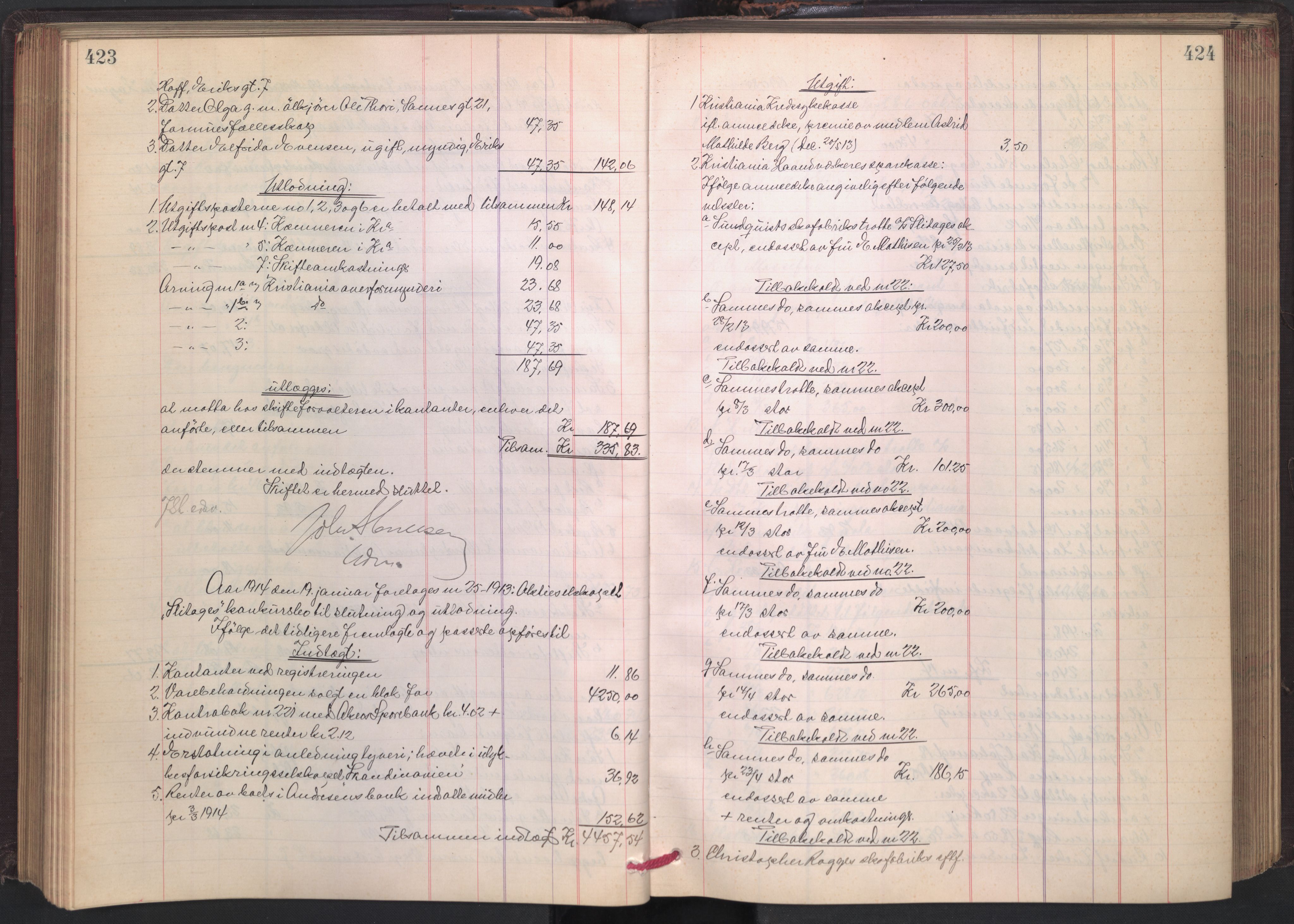 Oslo skifterett, AV/SAO-A-10383/H/Hd/Hdb/L0010: Skifteutlodningsprotokoll, 1913-1915, p. 423-424