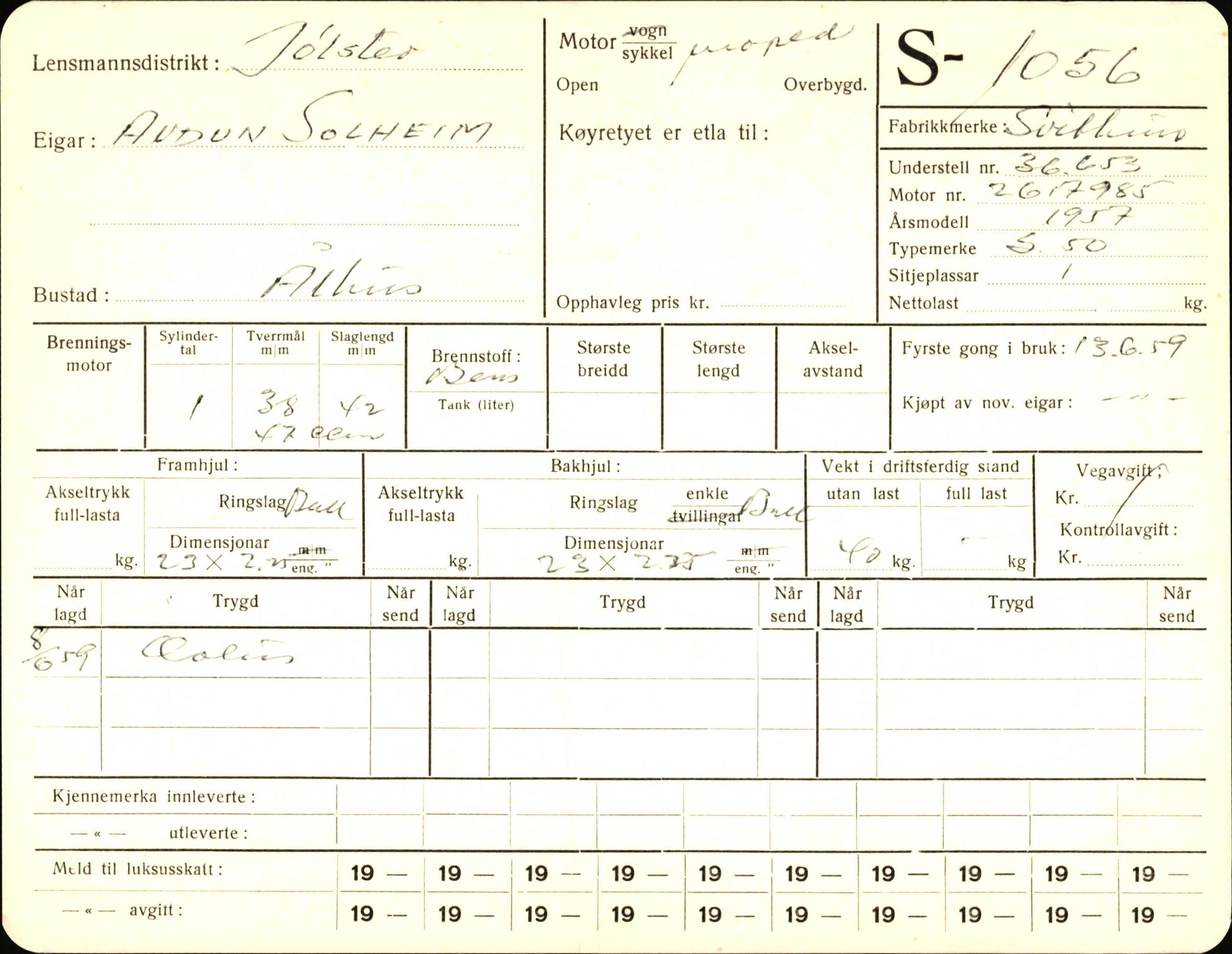 Statens vegvesen, Sogn og Fjordane vegkontor, AV/SAB-A-5301/4/F/L0003: Registerkort utmeldte Fjordane S1000-2499, 1930-1961, p. 96